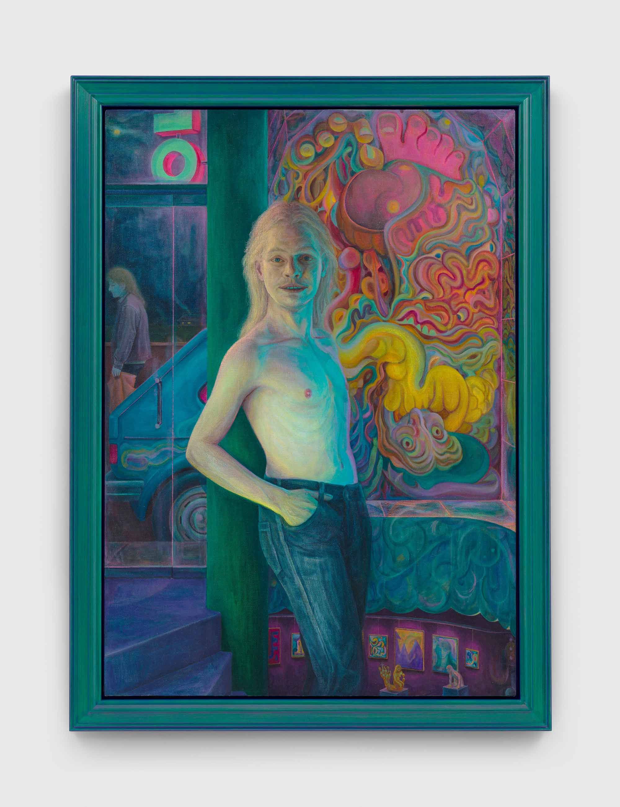 Steven Shearer, 'The Underground Exhibitor' (2024), oil on canvas in artist’s frame, 68 x 49 3/8 inches (172.7 x 125.4 cm). © Steven Shearer. Courtesy the artist, Galerie Eva Presenhuber, and David Zwirner. Photo by Kerry McFate.