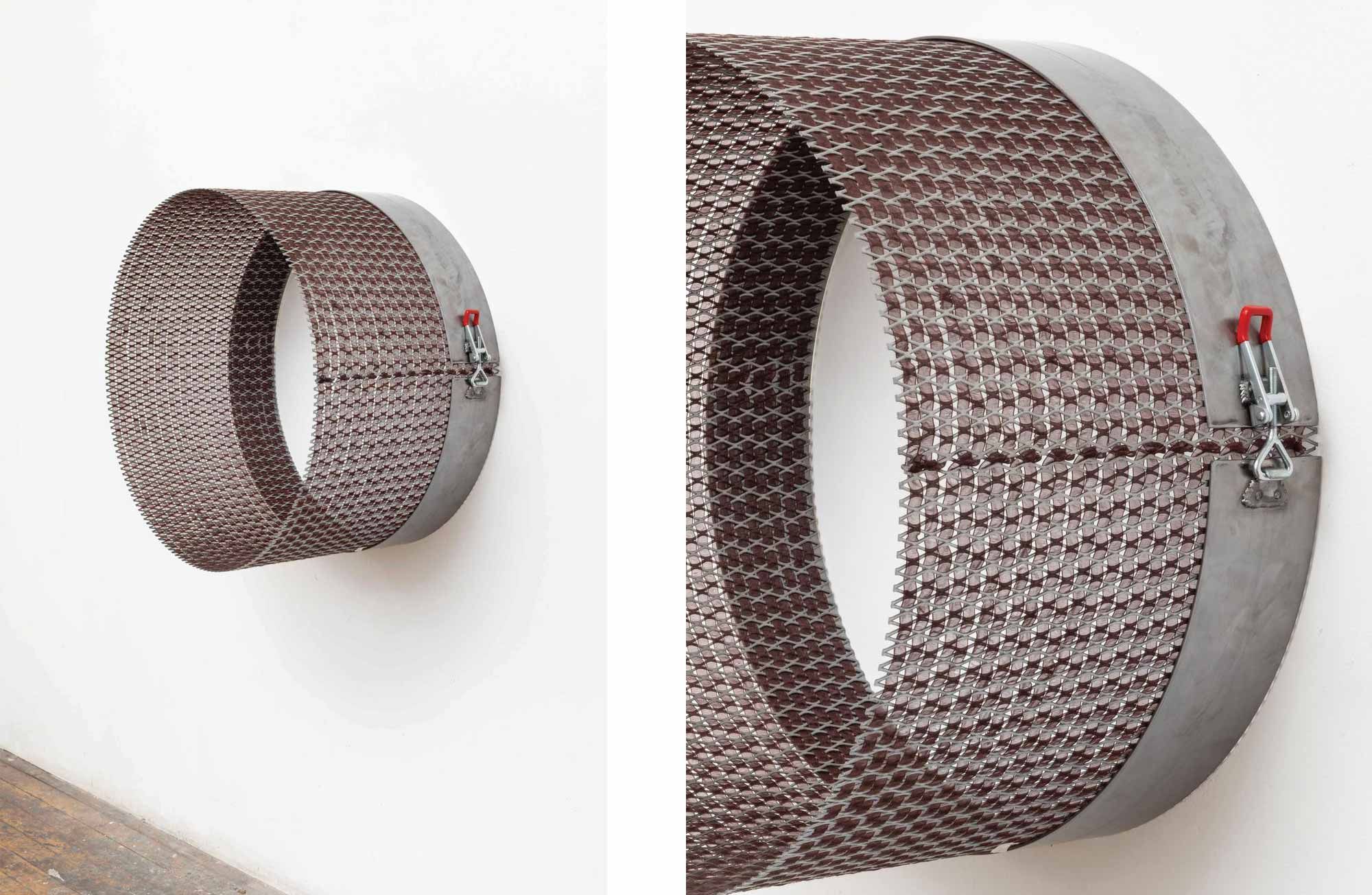 Left: Alina Tenser, 'Corridor', 2025. Right: detail. Steel, expanded metal, organza ribbon, toggle latch clasp.
