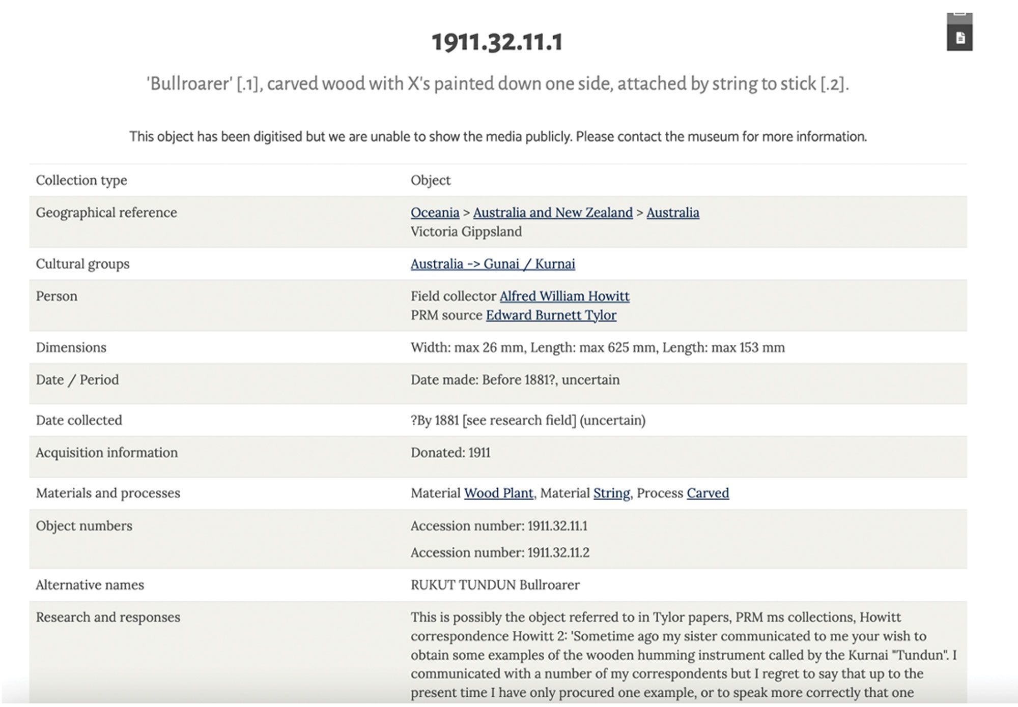 'Bullroarer' artifact details on the Pitt Rivers Museum website.