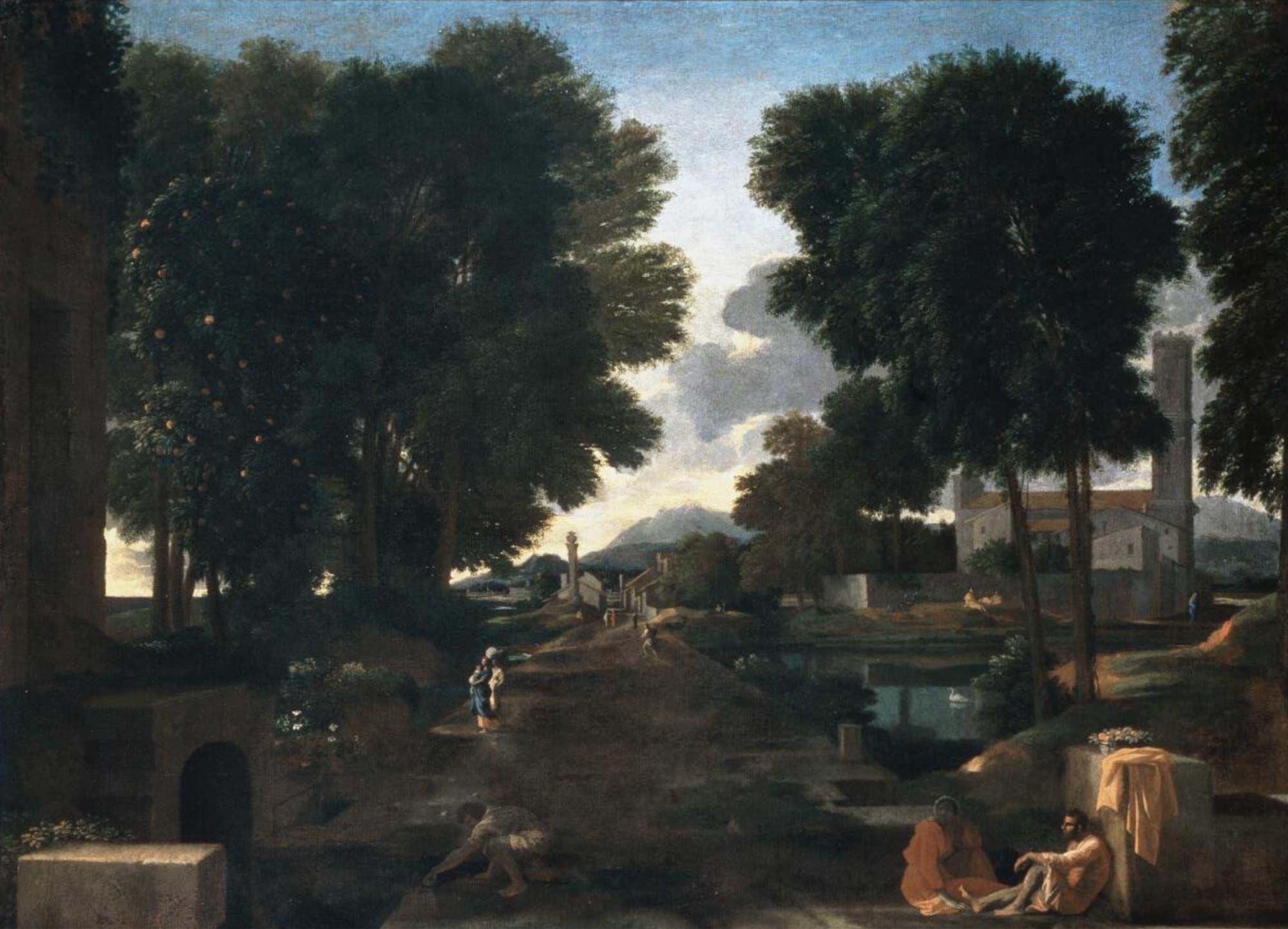 Nicolas Poussin, Landscape with Travellers Resting, known as A Roman Road (1648), oil on canvas, 79 x 99.7 cm. Courtesy of Dulwich Picture Gallery.