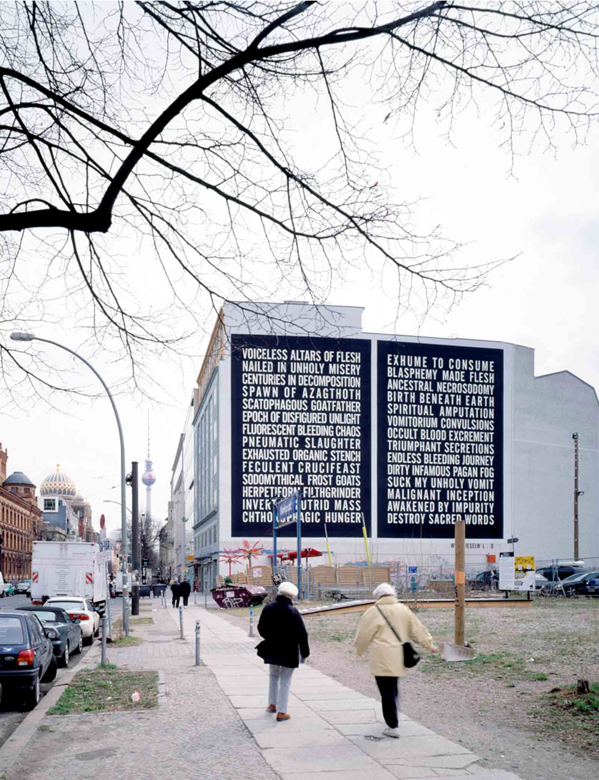 Steven Shearer, 'Poem for Berlin' (2006), painted mural. Installation view, Of Mice and Men: Berlin Biennial, 2006. Photo by Uwe Walter.