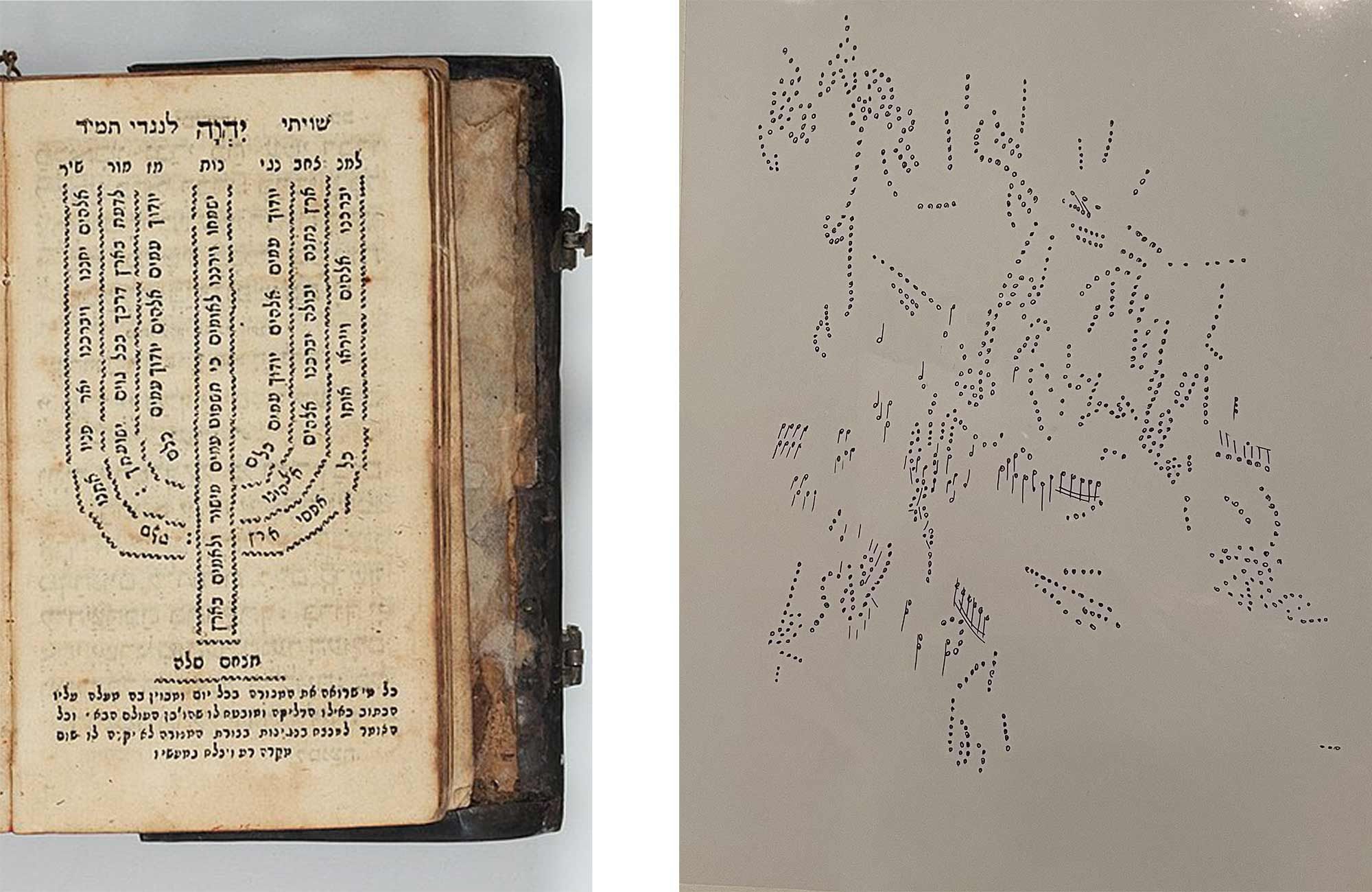 Figures 5 and 6: Kabbalistic prayer book from Italy, 1803, Jewish Museum of Switzerland. CC BY-SA 4.0; Untitled (undated), Anna Mendelssohn: Speak, Poetess, 11 October 2023 – 21 January 2024, Whitechapel Gallery. Photo: Eleanor Careless. Reproduced with kind permission of the Anna Mendelssohn estate.
