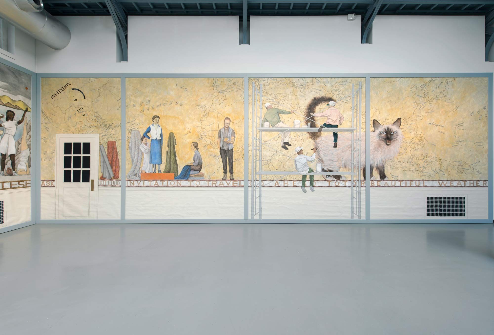 Counter Jumpers (2021-2022) acrylic and oil on canvas, 4 parts: 400 cm x 211 cm, 400 cm x 317 cm, 400 cm x 317 cm, 400 cm x 311 cm. From the exhibition ‘Buildings in Belgium, Buildings in Oil, Buildings in Silk’, La Verrière, Brussels, 2022. Photo: Isabelle Arthuis.