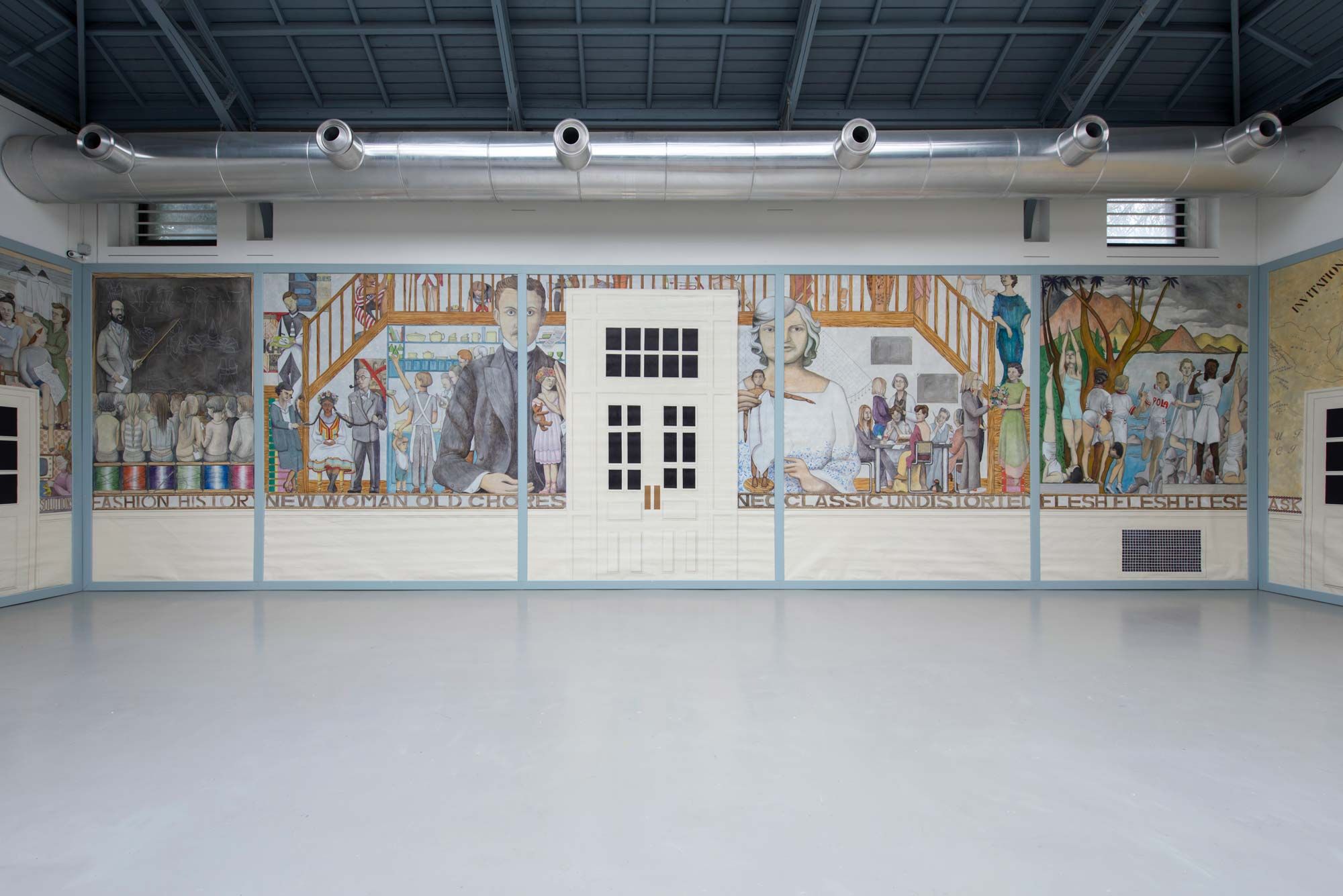 On the Prowl (2021-2022) acrylic and oil on canvas, 5 parts: 400 cm x 196 cm, 400 cm x 315 cm, 400 cm x 315 cm, 400 cm x 315 cm, 400 cm x 266 cm. From the exhibition ‘Buildings in Belgium, Buildings in Oil, Buildings in Silk’, La Verrière, Brussels, 2022. Photo: Isabelle Arthuis.