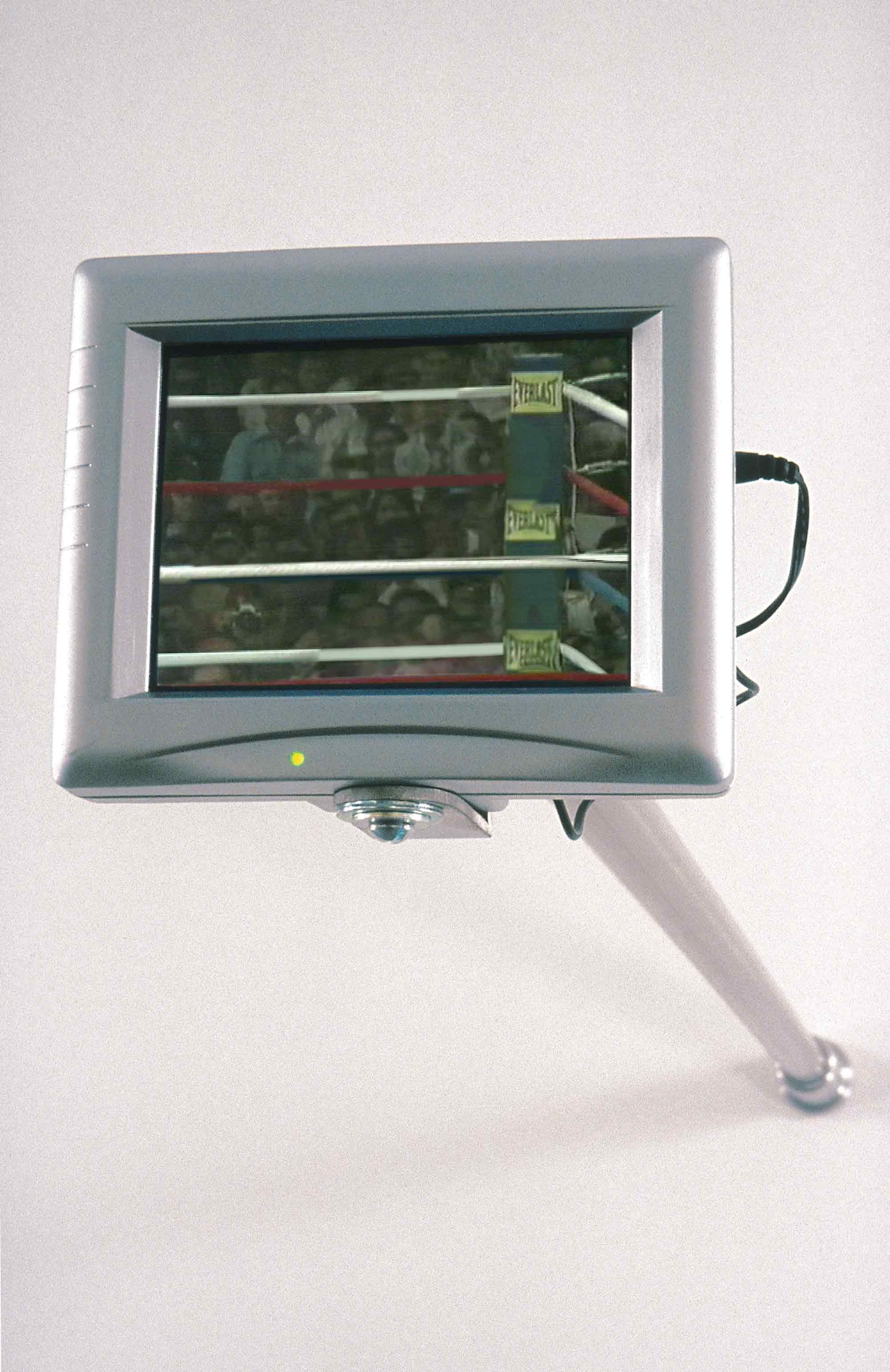 Paul Pfeiffer, 'The Long Count (Thrilla in Manila)', (2001). Digital video loop, LCD screen, mounting arm, sound.  Duration 2 mins. 58s. 15.2 x 17.8 x 97.5 cm (6 x 7 1/8 x 38 3/8 inches). Courtesy of the artist and Thomas Dane Gallery. 