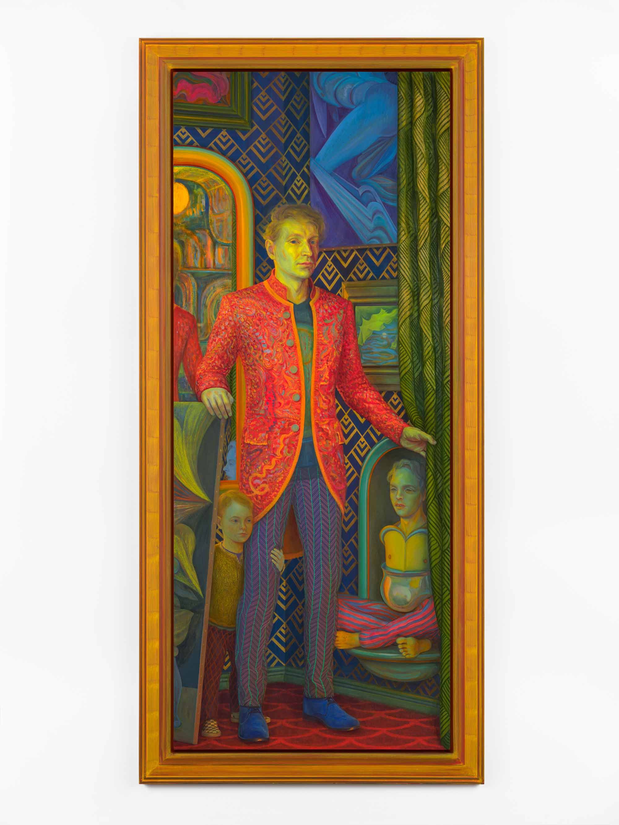 Steven Shearer, 'The Late Dioramist and Sons' (2020), oil and ink on poly canvas in artist’s frame, 94 7/8 x 43 7/8 inches (241 x 11.4 cm). © Steven Shearer. Courtesy the artist, Galerie Eva Presenhuber, and David Zwirner. Photo by Shearer Studio.
