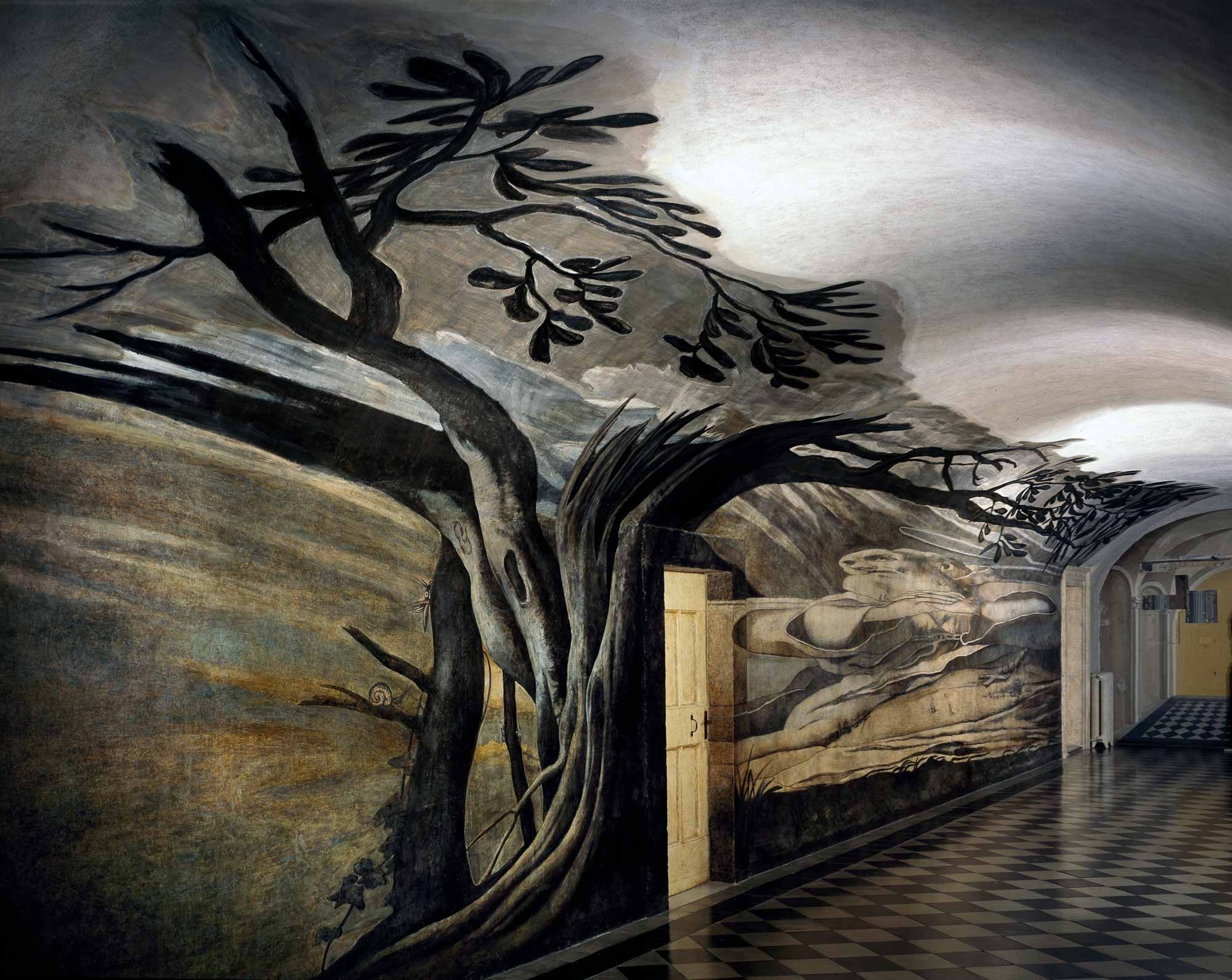 Maignan, Saint Francis of Paola and Landscape, 1642. Anamorphic fresco a secco, 61 ft 8 in x 7 ft 2.5 in (18.80 x 2.20 m). Corridor, convent of Trinità dei Monti, Rome. © Andrea Jemolo. All rights reserved 2026 / Bridgeman Images