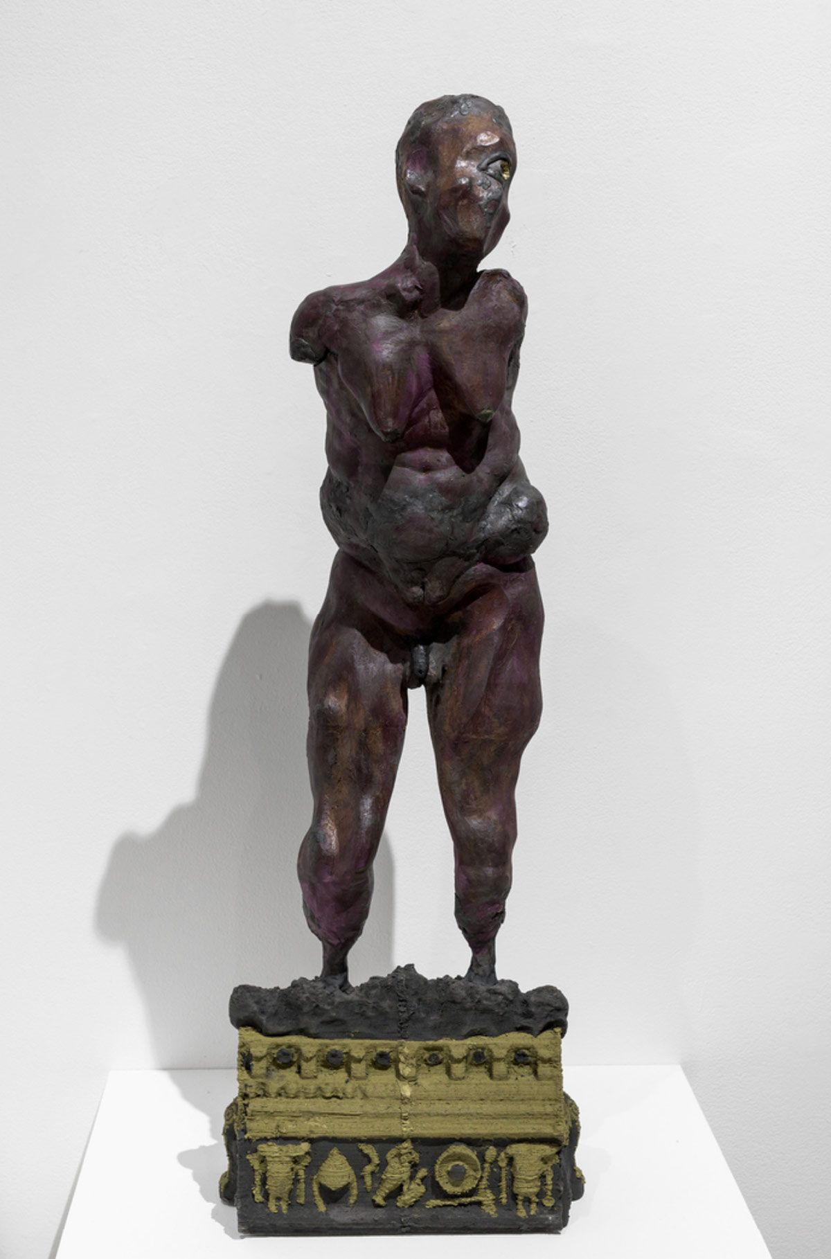 Cyclops, 2021, 3D printed composite (PLA plastic, wood, brass), copper, self-hardening clay, epoxy clay, schellac, wax, pigment, powdered bronze, 32 × 10 3/4 × 7 2/5 in, 81.3 × 27.3 × 18.8 cm