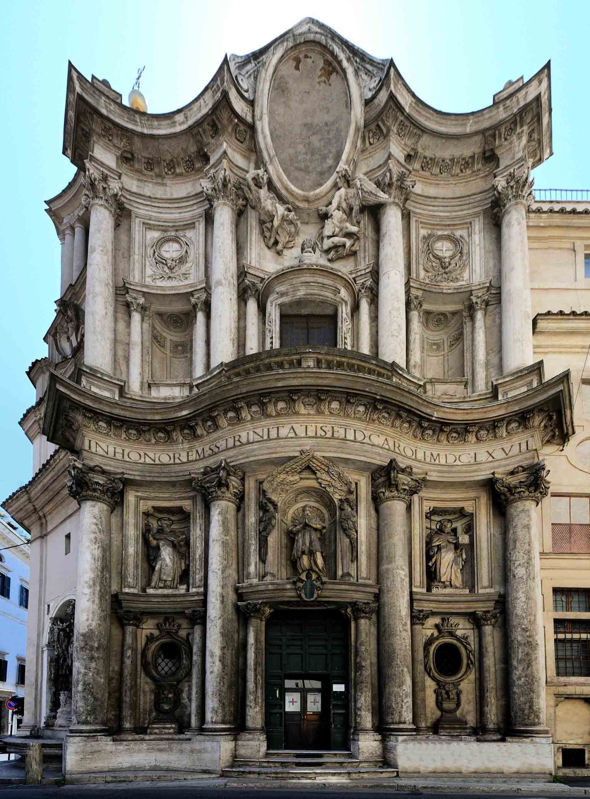 San Carlo alle Quattro Fontane, lower area built in 1665–67 by Borromini and upper area built in 1675-1677 by Bernardo Castelli-Borromini, exterior view of façade. 