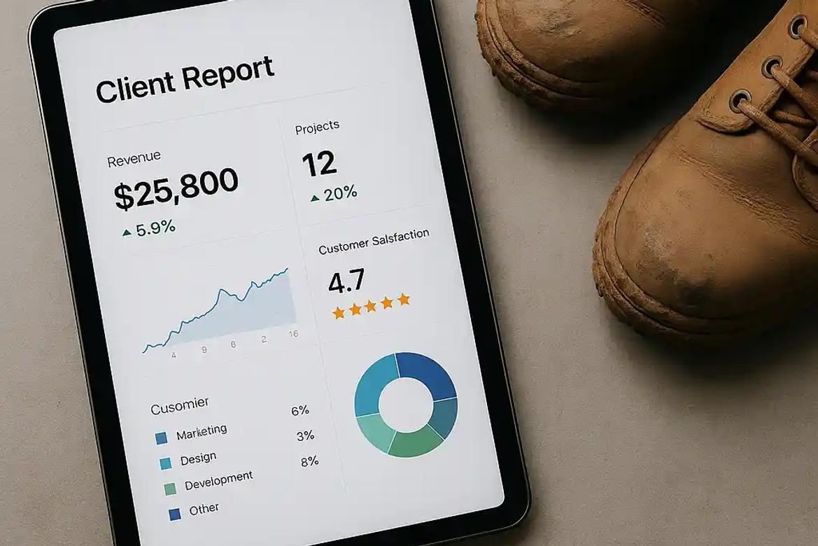 A client report on a tablet next to a pair of muddy boots