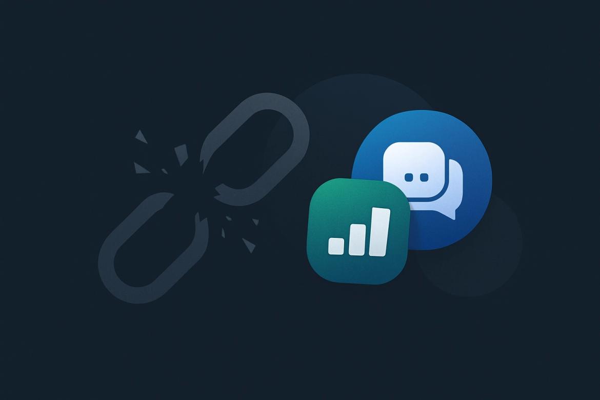 A broken link next to statistics and messaging apps