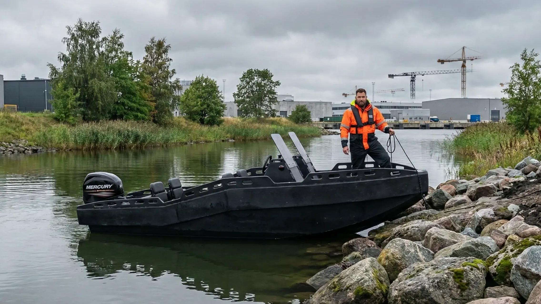 Black HDPE workboat nosed onto a rocky bank, operator in orange hi-vis aboard with a mooring line