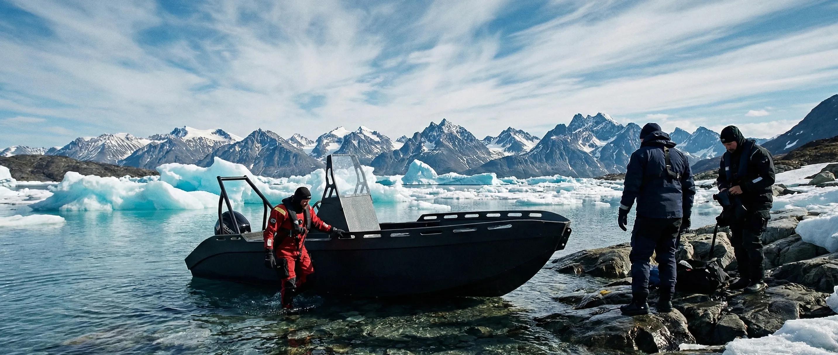 Workboat beached on rock among Svalbard icebergs, crew in drysuits stepping ashore below snow-capped peaks