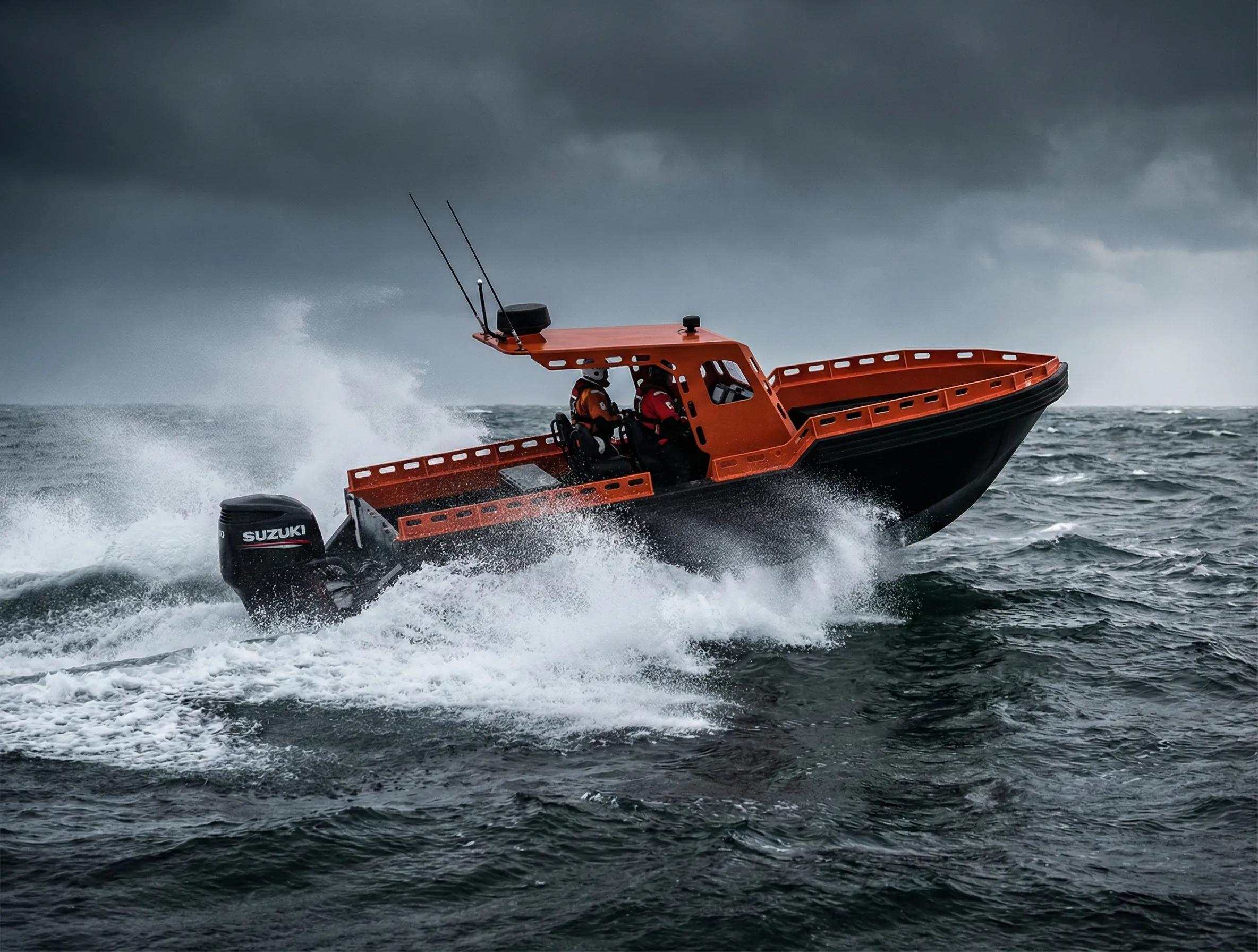 Orange-and-black rescue boat launching off a wave in heavy seas, two crew at the helm