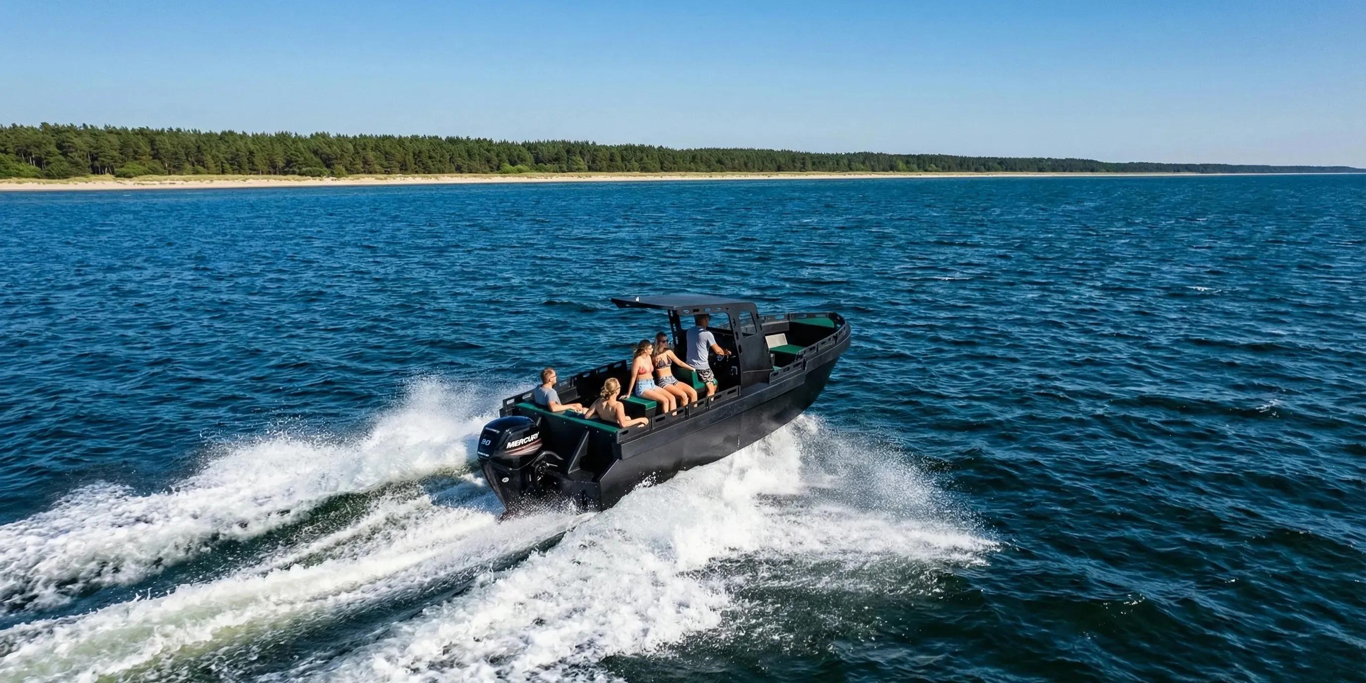 Five people aboard an Ormrin workboat running along a pine-forested Baltic beach in summer