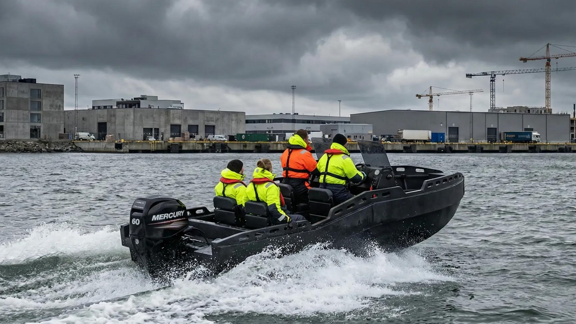 Four crew in hi-vis running an Ormrin workboat at speed past an industrial harbour quay