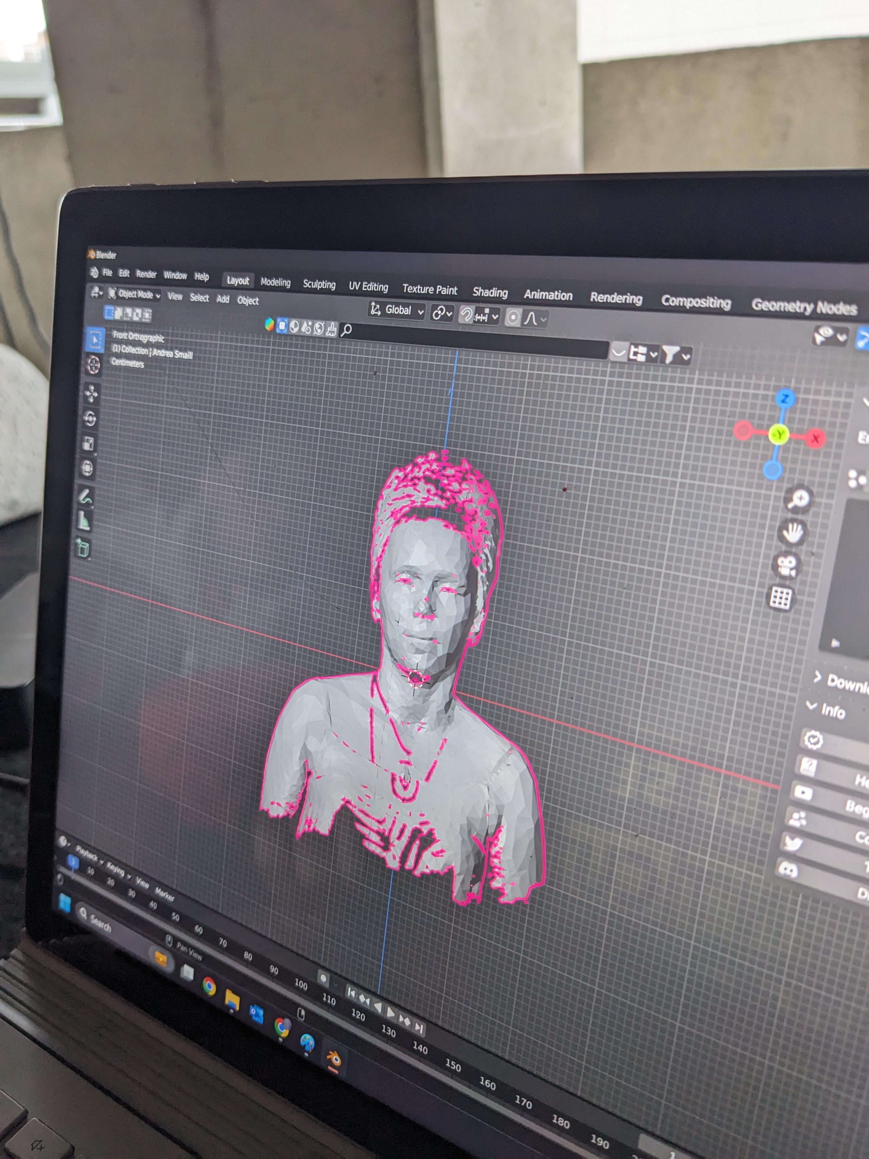 Photo by eo Studios. Photo of a computer screen with a rendering model of a person outlined in pink.