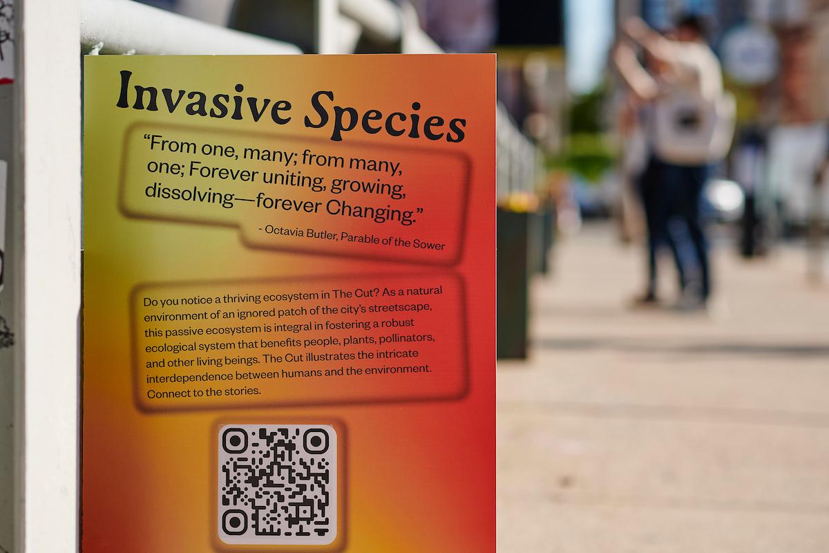 Photo courtesy of Albert Yee. Close up photo of Invasive Species sign on bridge.