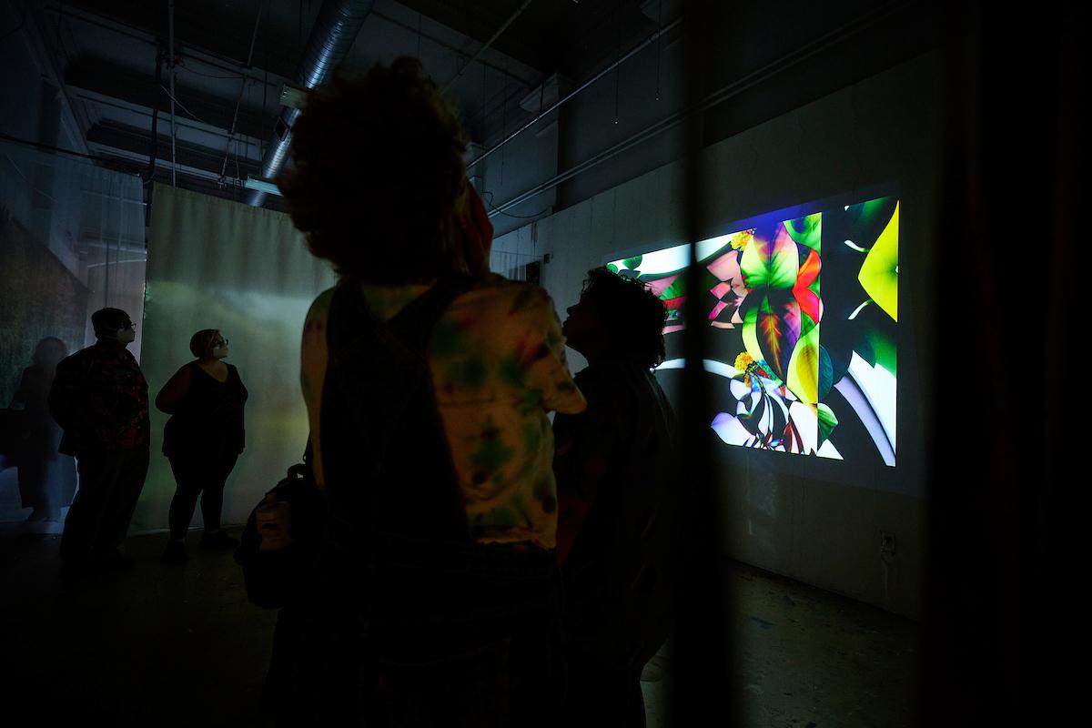 Photo courtesy of Albert Yee. People in Invasive Species gallery looking at art projections.