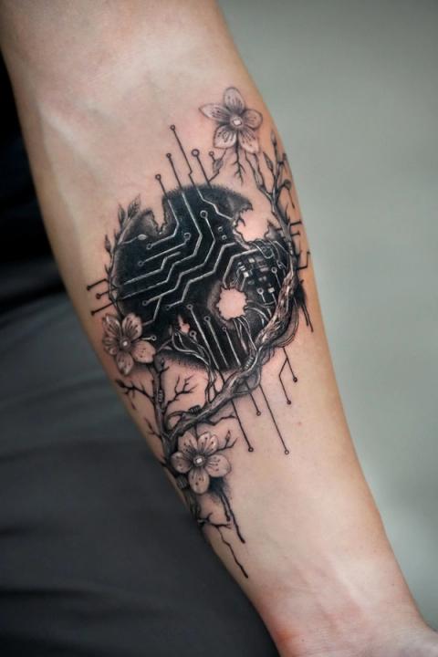 Schwarz-Grau-Tattoo am Unterarm: eine aufgebrochene dunkle Kugel mit Leiterbahnen, umrankt von Kirschblütenzweigen