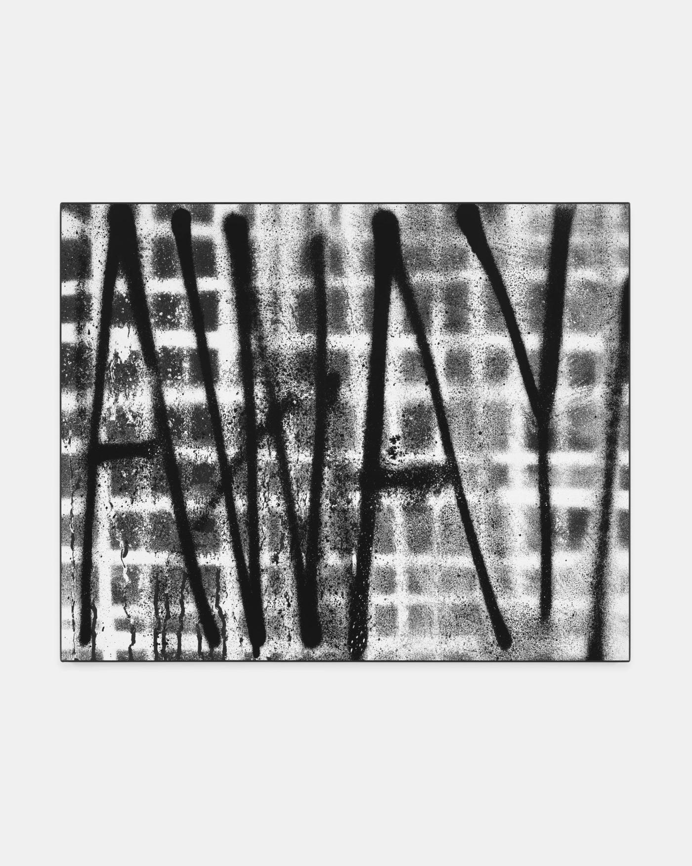 Adam Pendleton: AWAY/WALL, 2023, Silkscreen ink and black gesso, on canvas, 24 x 30 in. (61 x 76.2 cm) (23-086)