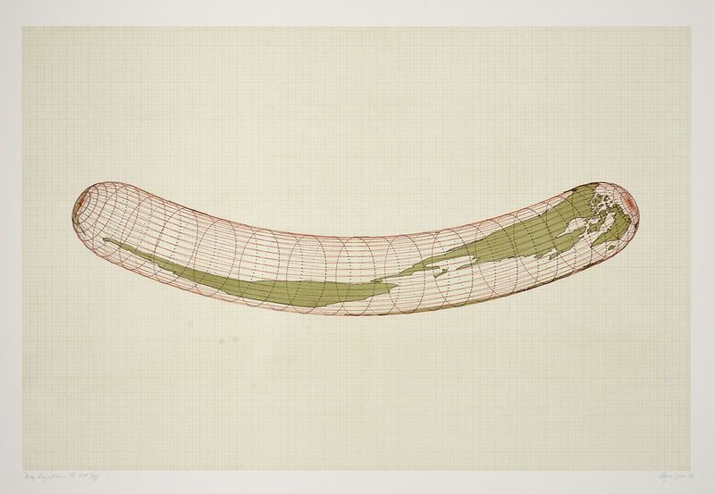 Agnes Denes: Isometric Systems in Isotropic Space – Map Projections: The Hot Dog, 1976, Four-colour lithograph on Rives BFK paper, 75,5 x 104,1cm, courtesy of the artist, Leslie Tonkonow Artworks + Projects, New York and acb Gallery, Budapest ACB.