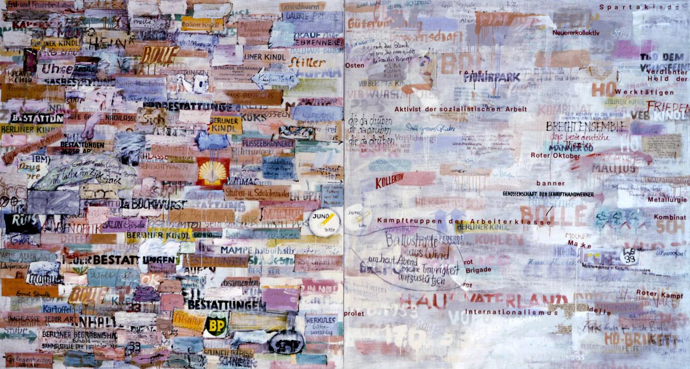 Gerhard Hoeme: Berliner Brief, 1966, Acryli, Collage, Graphit- und Farbstift oauf Leinwand, 200 x 360 cm, Foto: unknown, (c) VG Bild-Kunst Bonn, 2026