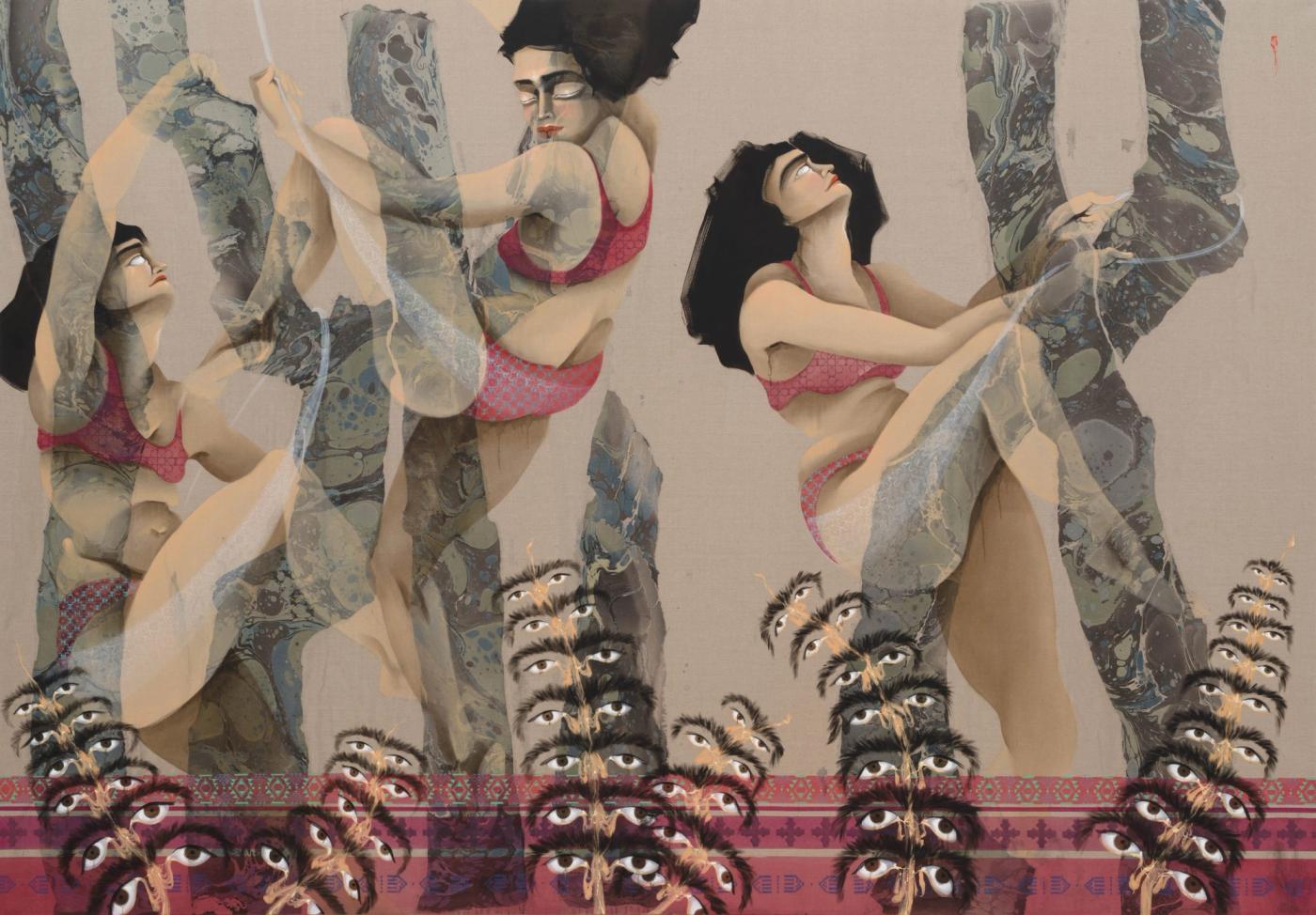 Hayv Kahraman, Palm Climbers, 2024, oil and acrylic on linen, 203.2 × 292.1 cm. Photo: Jeff McLane. Courtesy of the artist and Pilar Corrias, London.