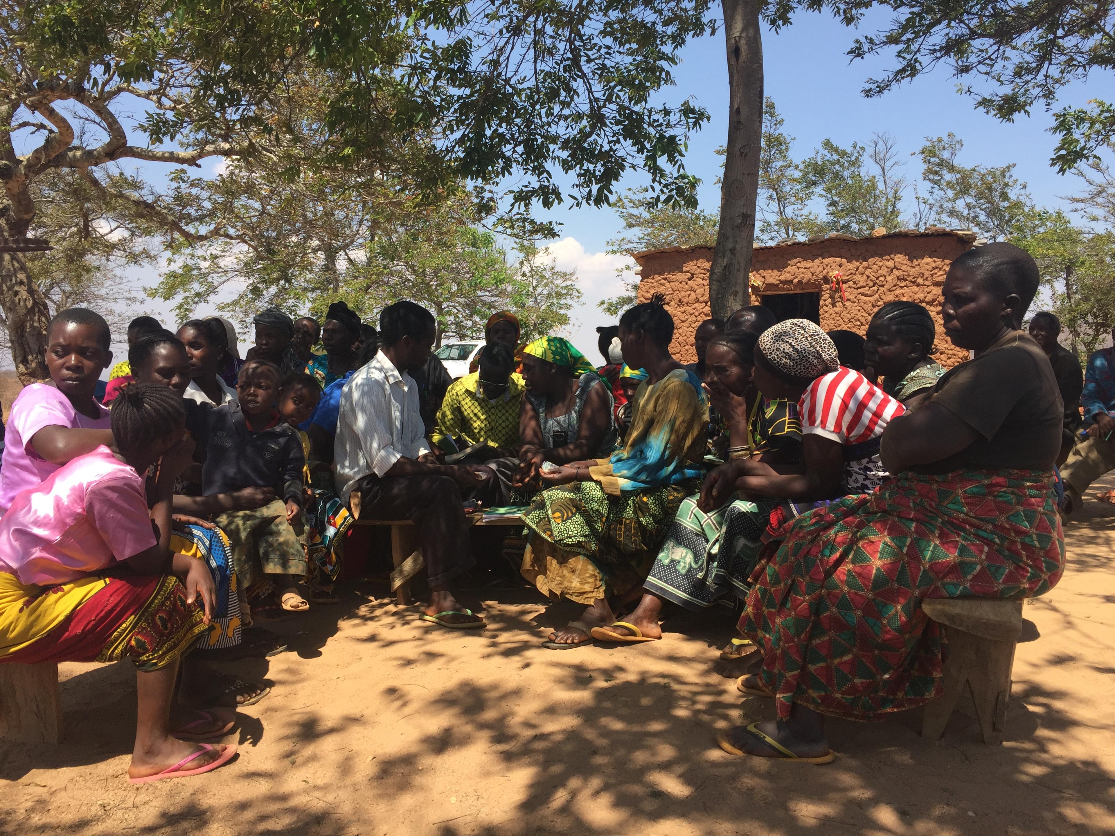 A village savings and credit group meeting under a tree in Tanzania.