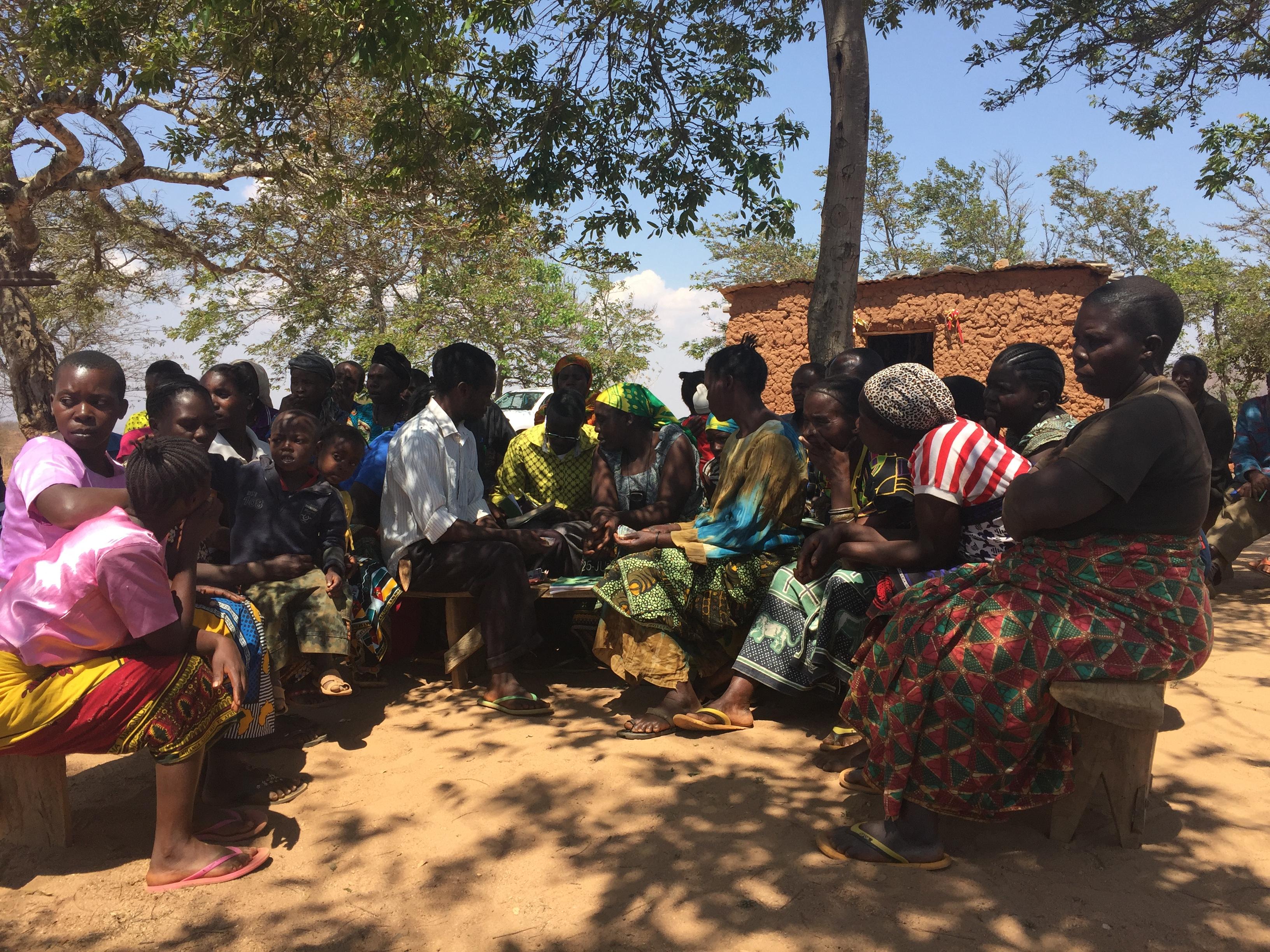 A village savings and credit group meeting under a tree in Tanzania.