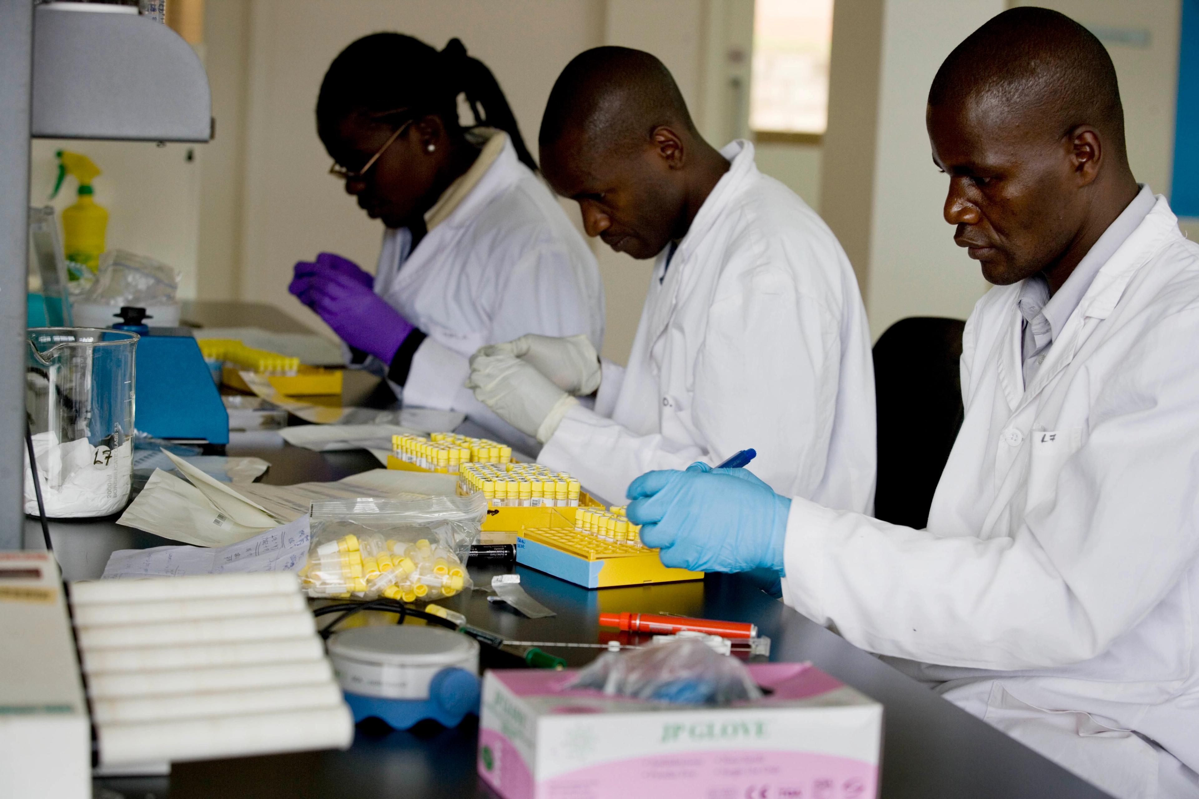 Researchers in lab coats analysing crop samples in a laboratory.