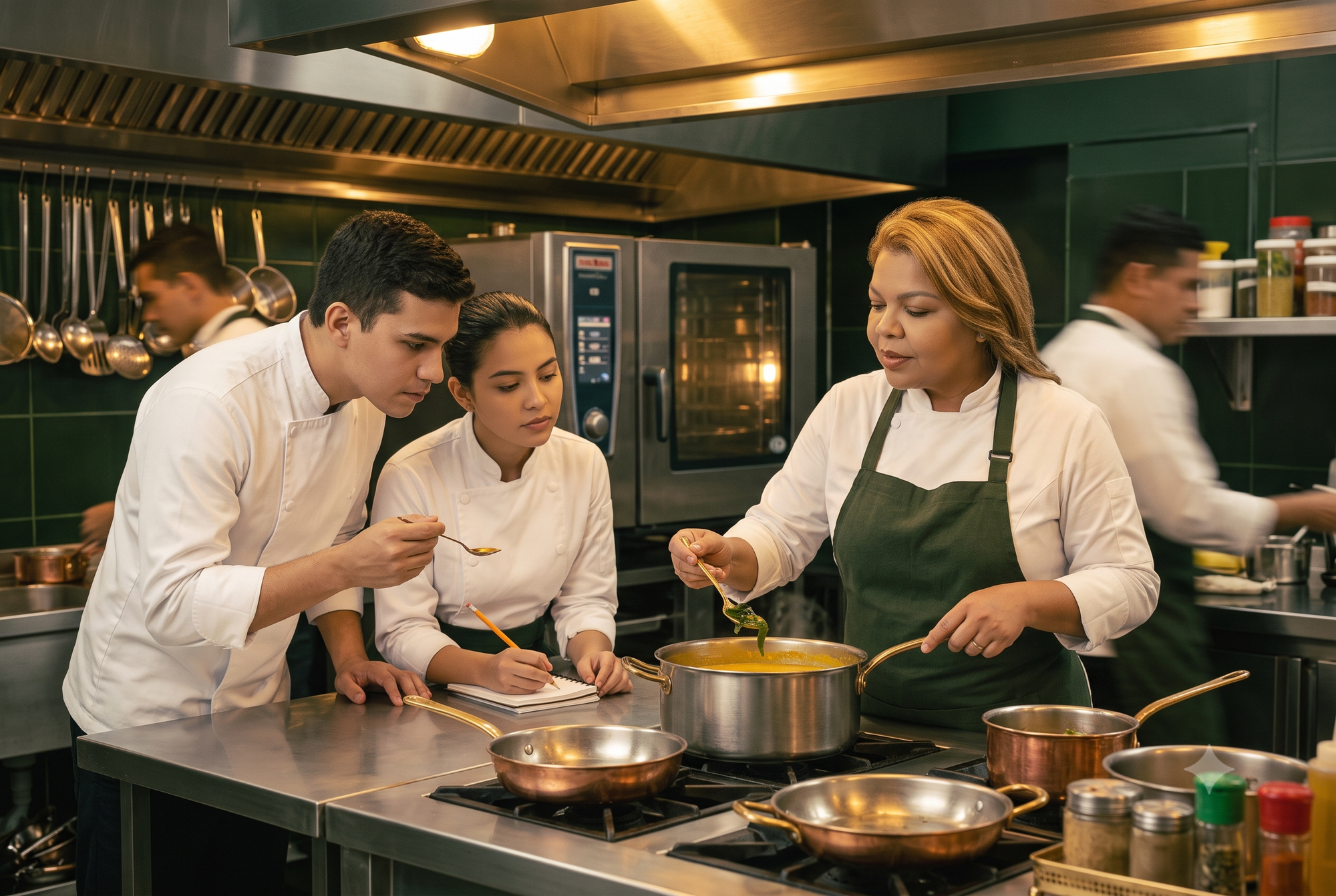 Chef orientando equipe de cozinha