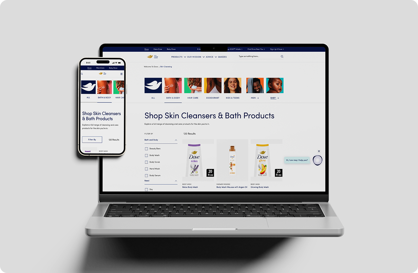 Laptop and phone screen depicting Dove's products landing page