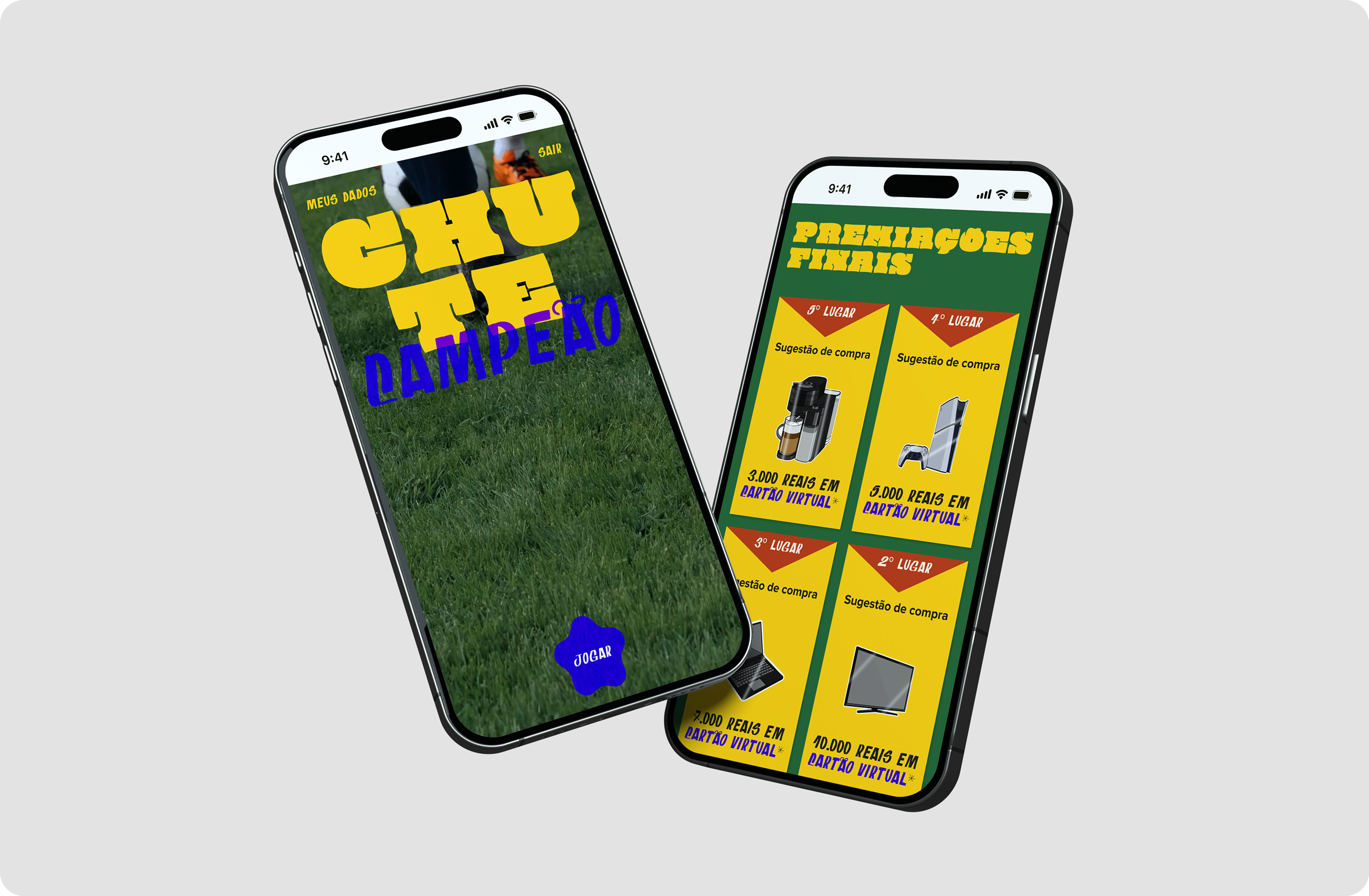 Two smartphones side by side displaying the mobile web interface for the "Unilever's Chute Campeão" contest. The left phone shows the green grass home screen with a blue "JOGAR" button; the right phone shows the prize page detailing final prizes up to 10.000 Reais.