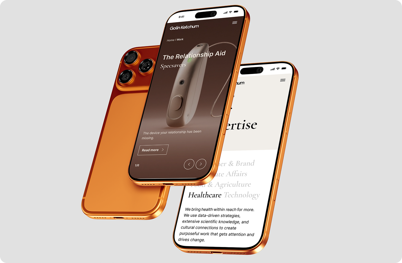 Two smartphone screens displaying the work detail page and expertise from Golin Ketchum's new website