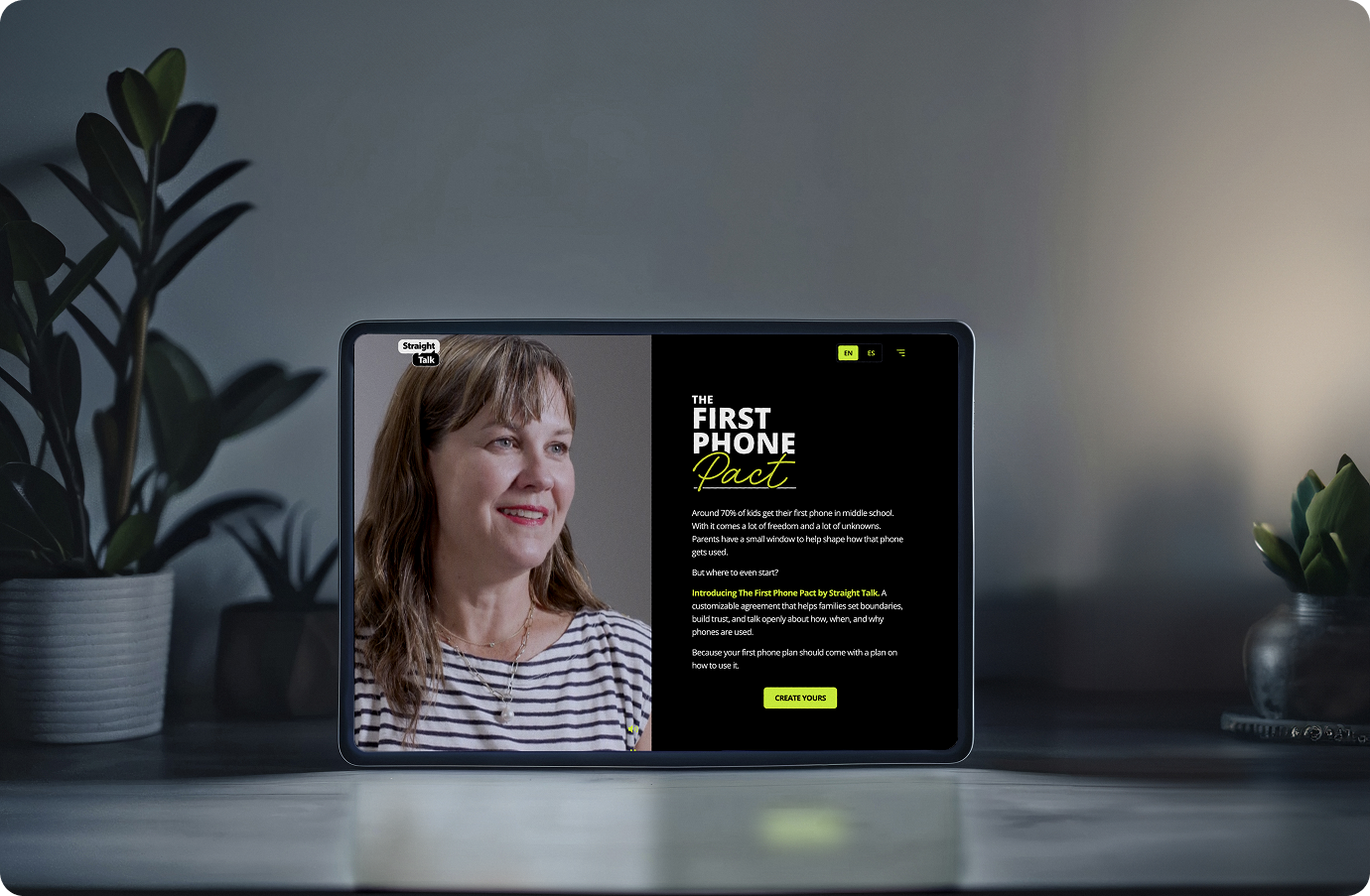 Tablet screen showing The First Phone Pact website initial page