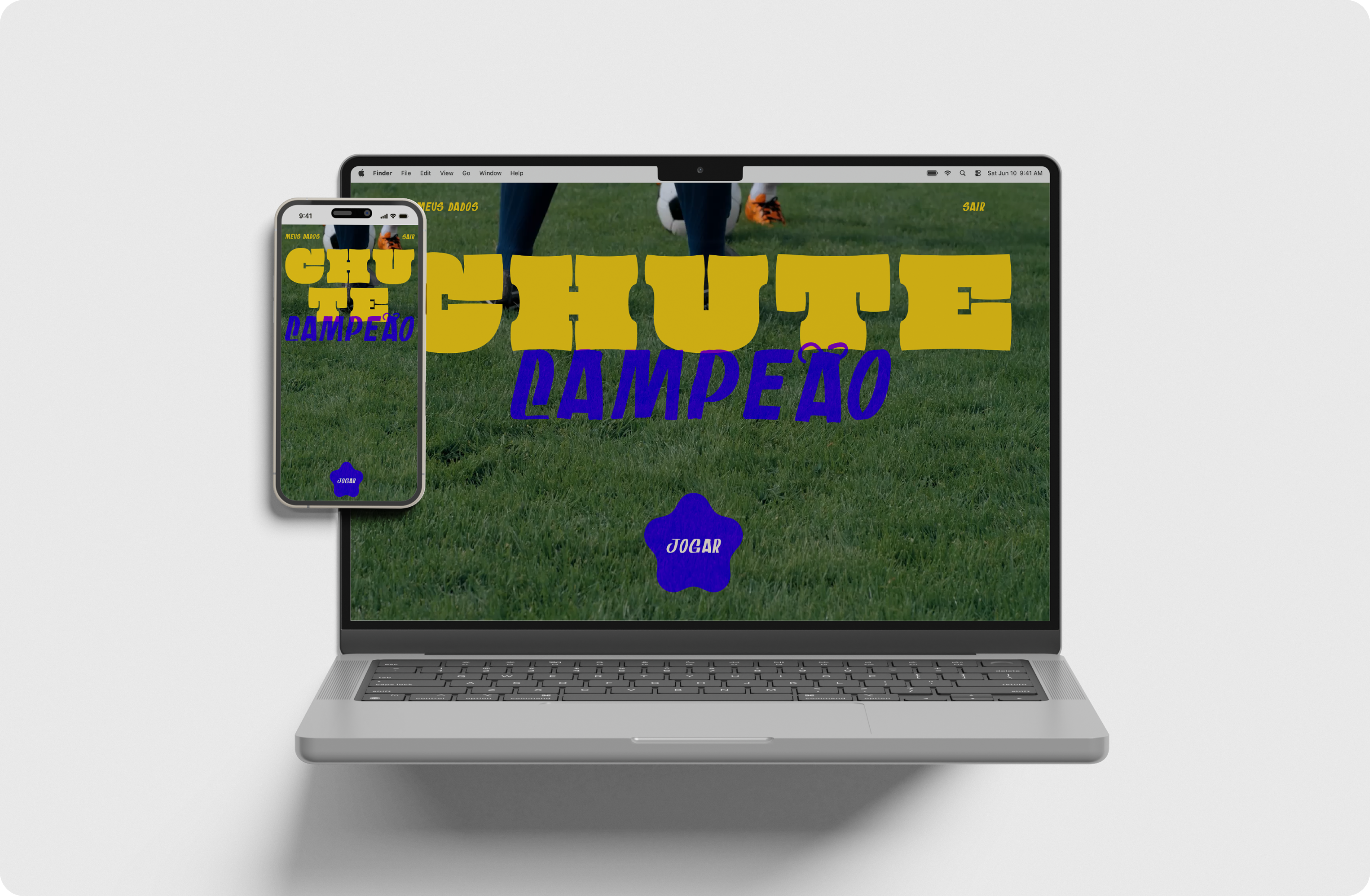 A mockup featuring a laptop and a smartphone side by side, both displaying the landing page for the "Unilever's Chute Campeão" campaign. The screen features bold yellow and blue title text over a soccer field background with a blue star-shaped "JOGAR" button centered below.