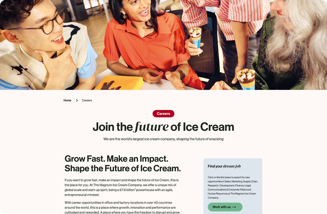 A screenshot of the careers page in Magnum's corporate website