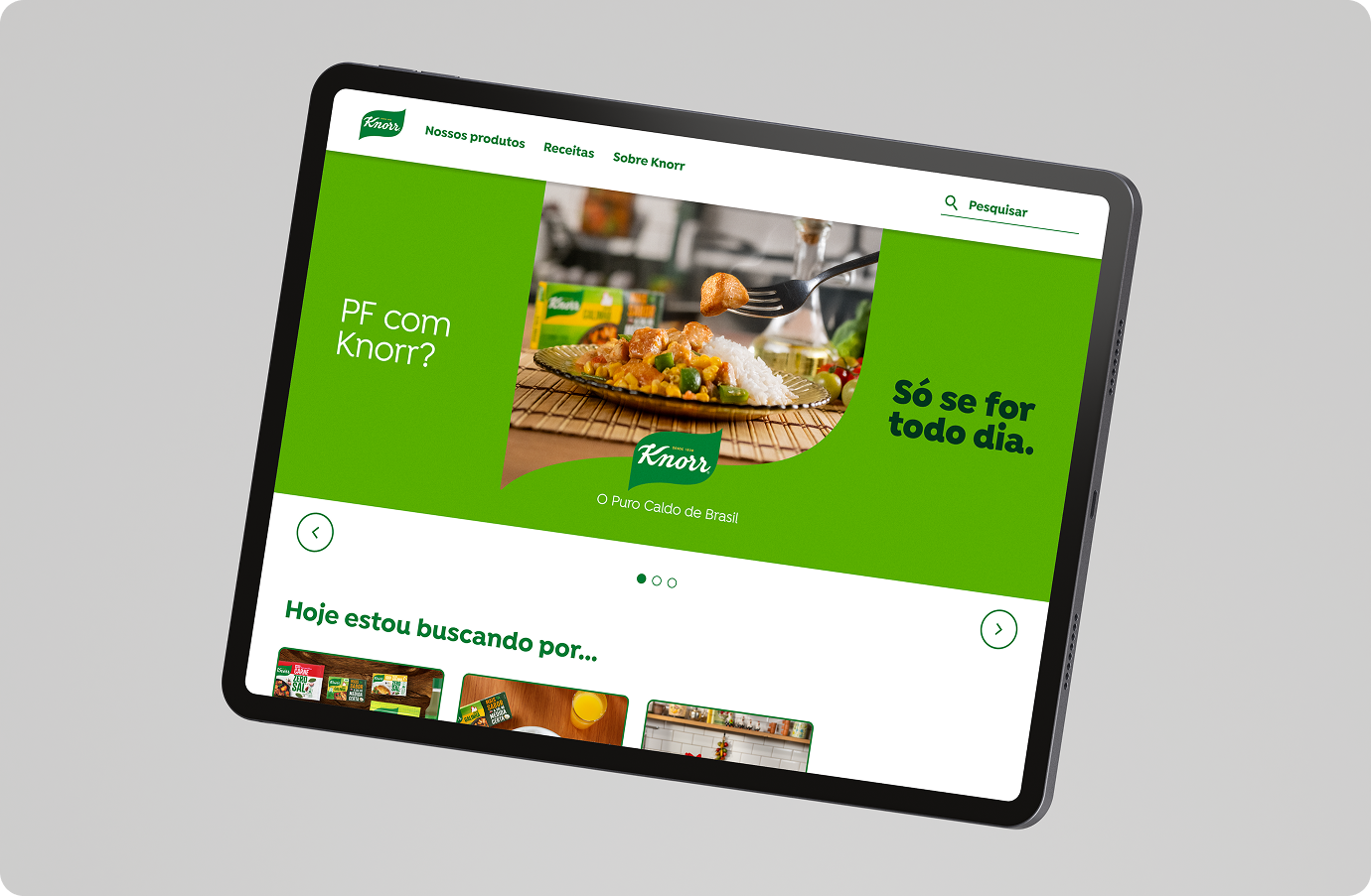 A tablet depicting Knorr's homepage with a bright green colored banner