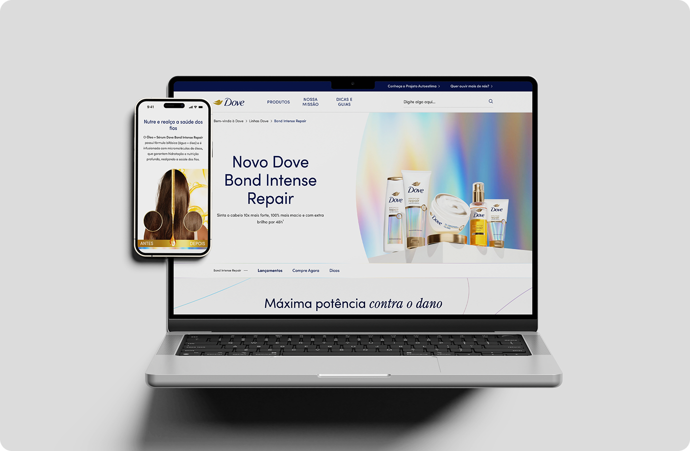 A laptop and smartphone screens showing Dove's website components