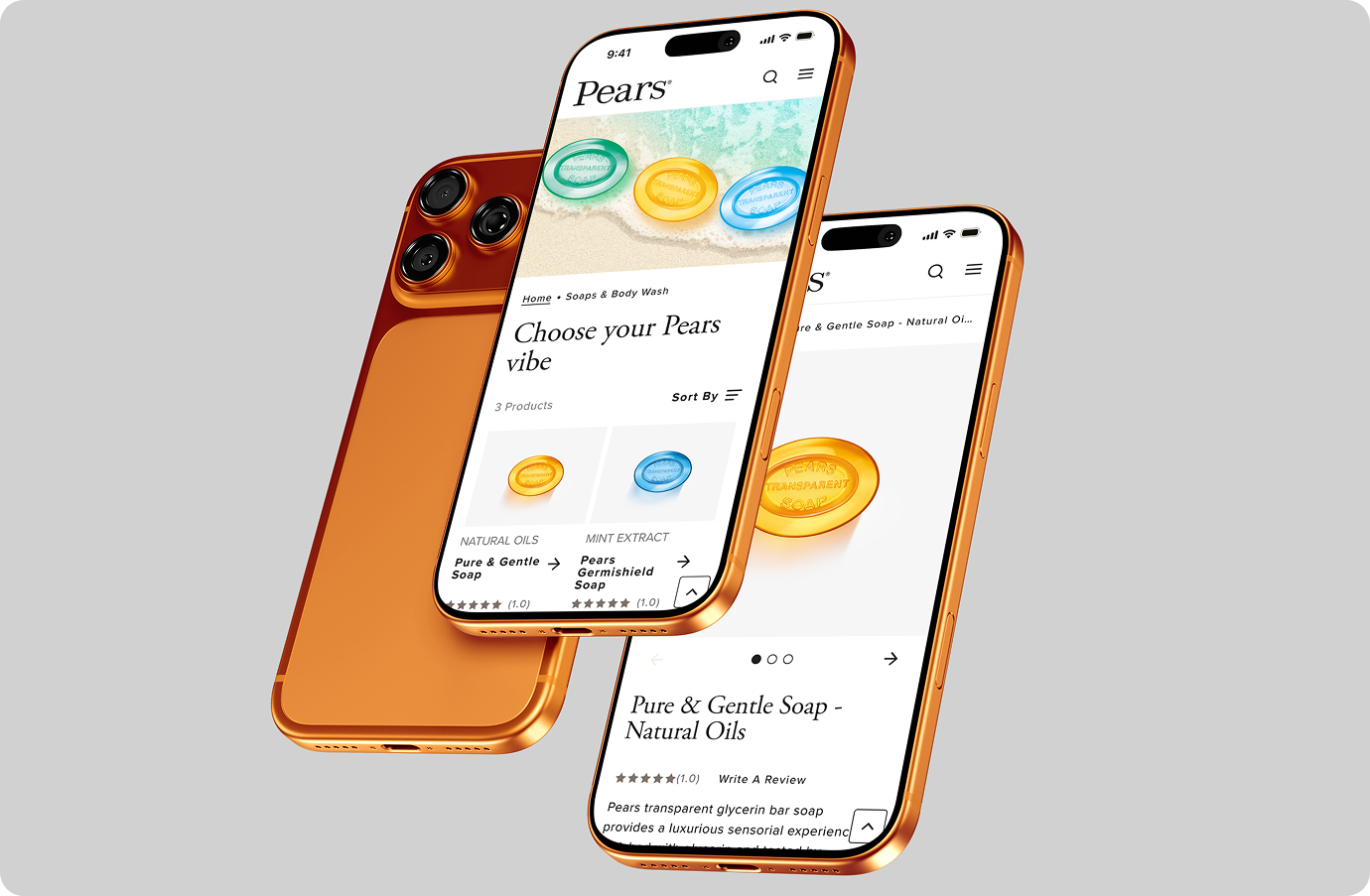 Smartphone screens depicting Pears soaps product pages