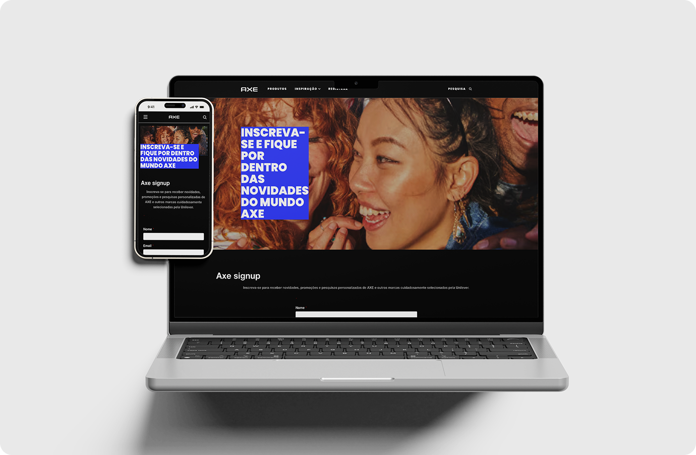 A laptop and phone screen showing AXE's sign up page