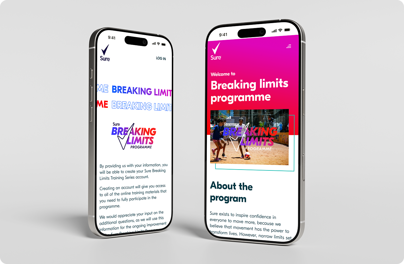 Two smartphone screens showing the campaign page of Sure Breaking Limits programme