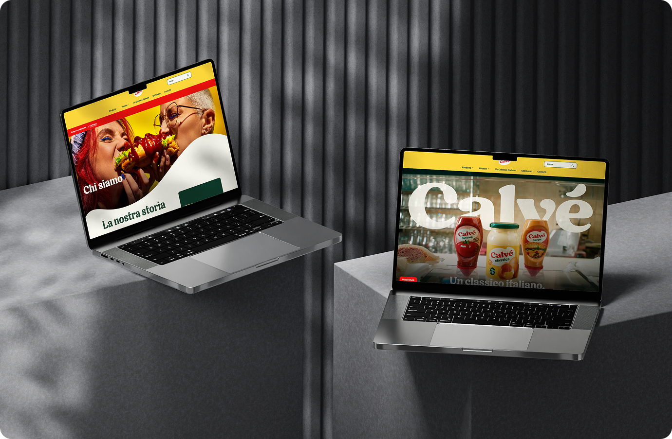 Two laptops depicting Calvé's Italy website and its use of bright colors