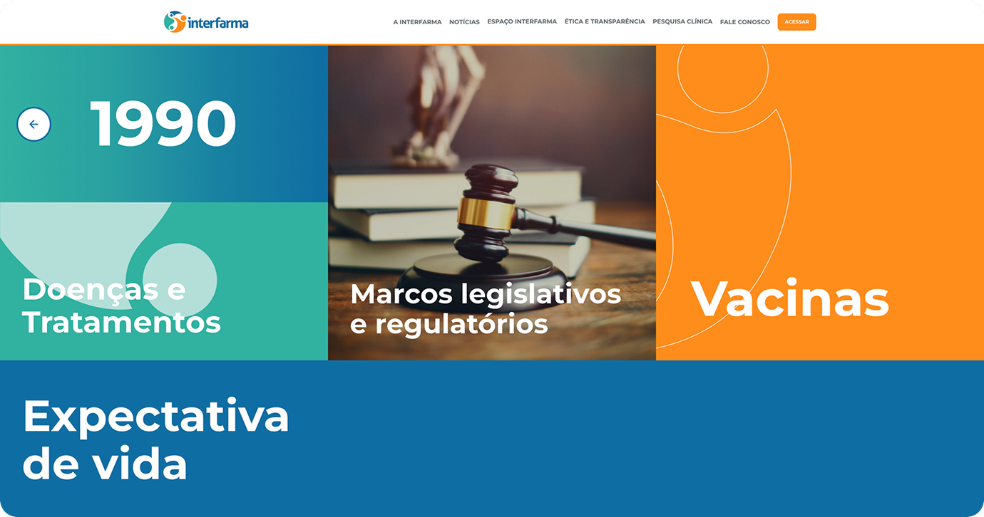Screenshot of Interfarma's website showing colorful boxes in different sizes as navigation categories
