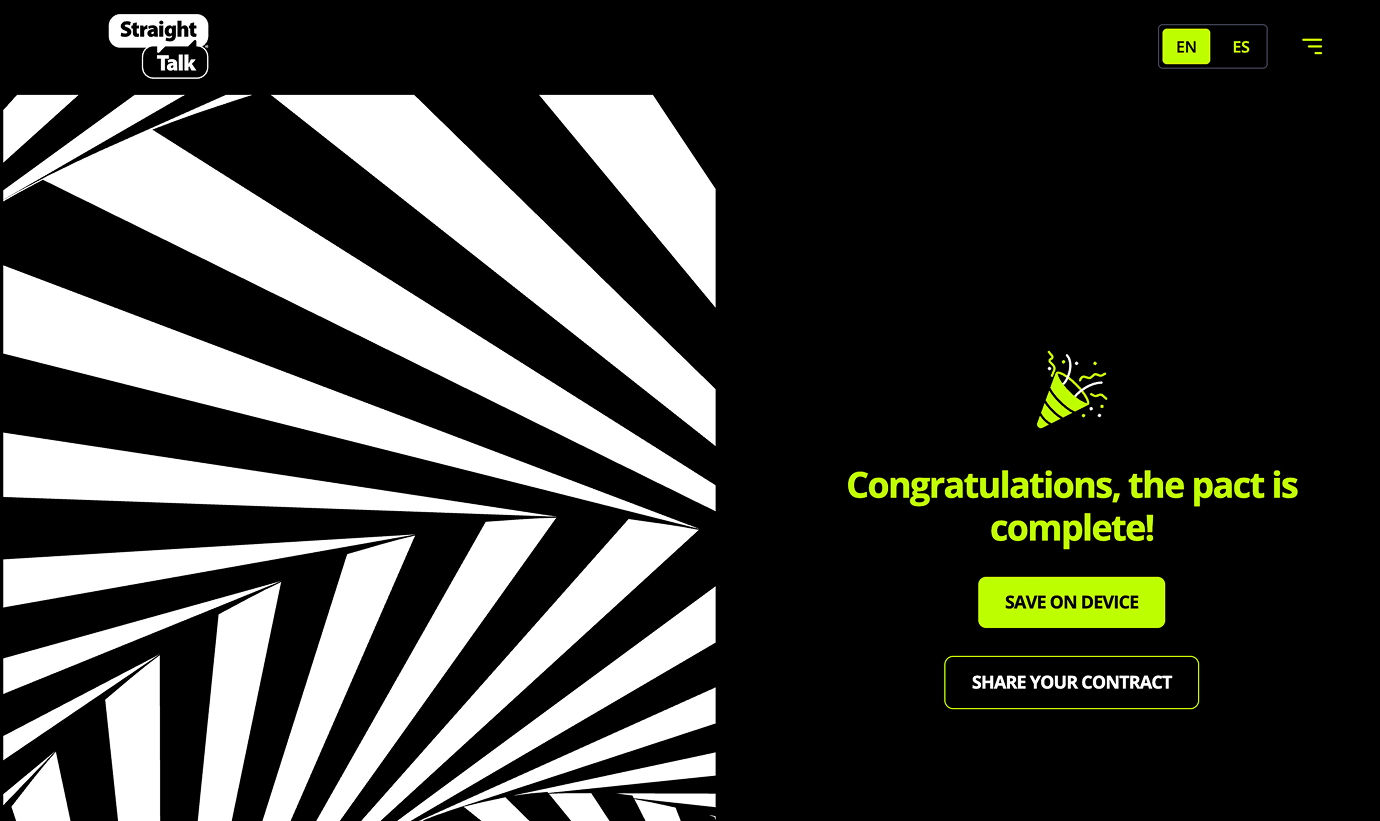 A screenshot of the success page with the options 'save on device' or share button