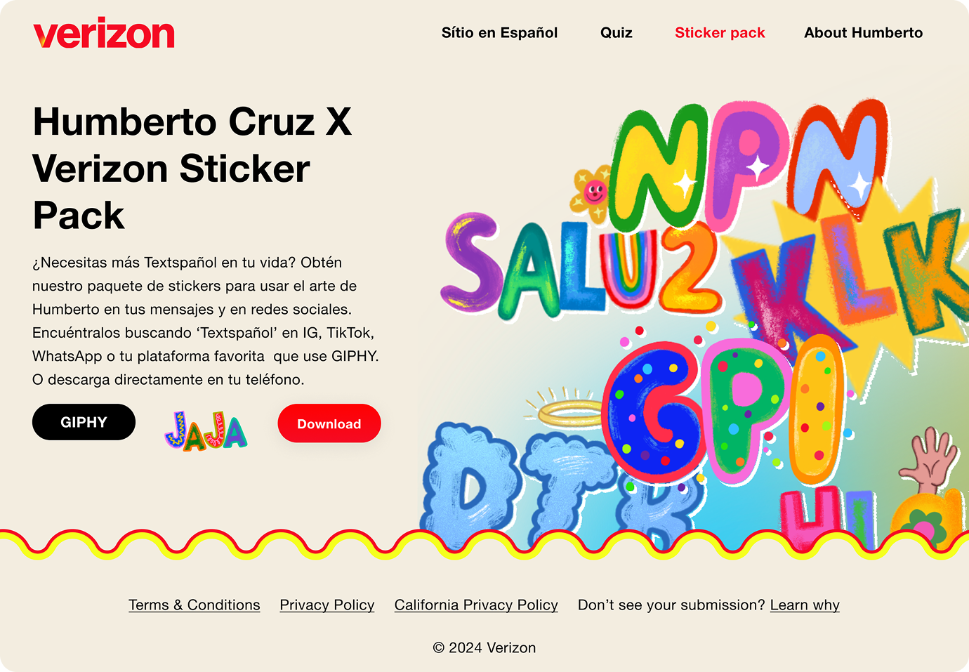 A screenshot of a download page for Humberto Cruz and Verizon sticket pack