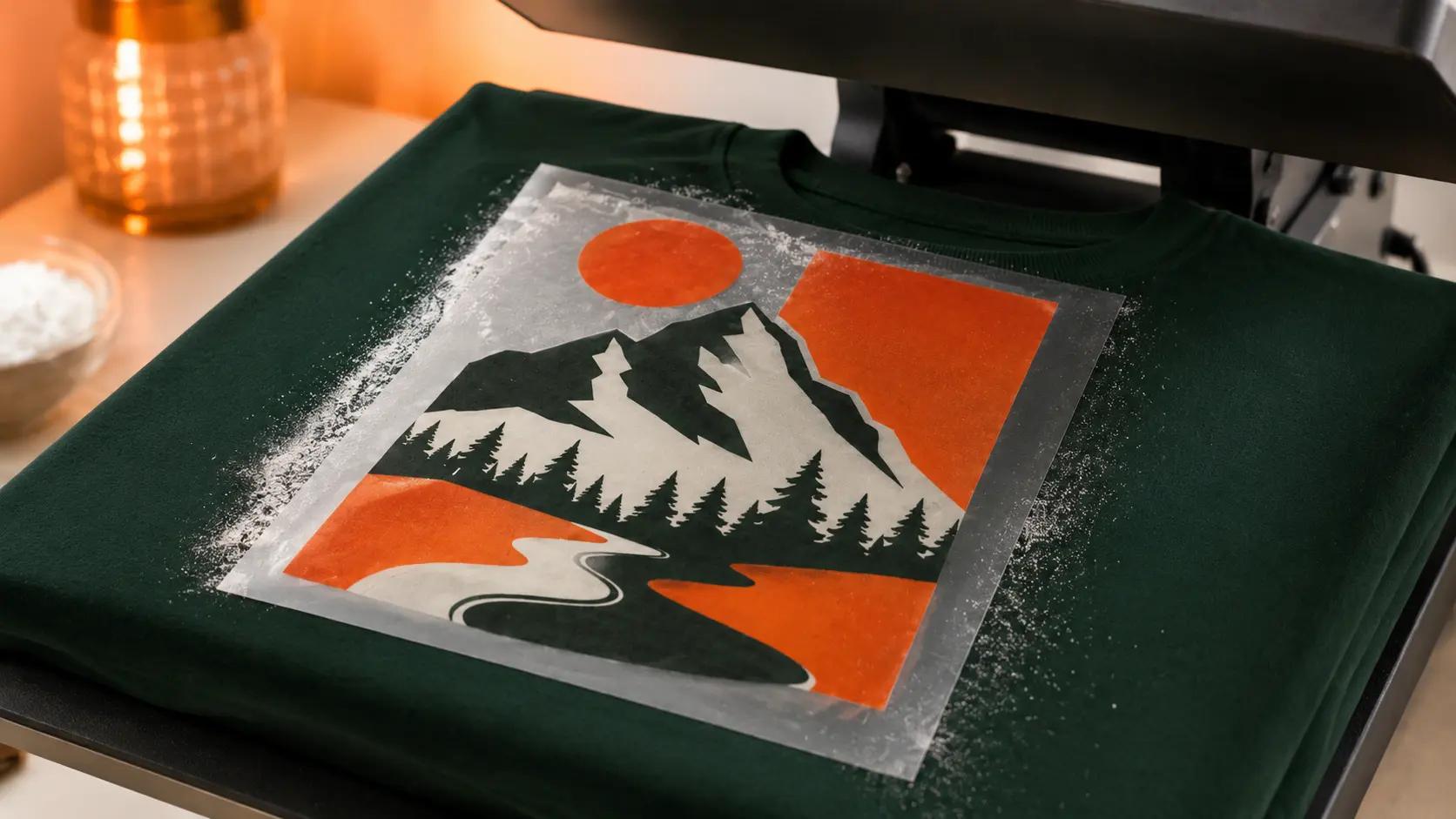 A direct-to-film (DTF) transfer being heat-pressed onto a dark garment, colourful design on the film