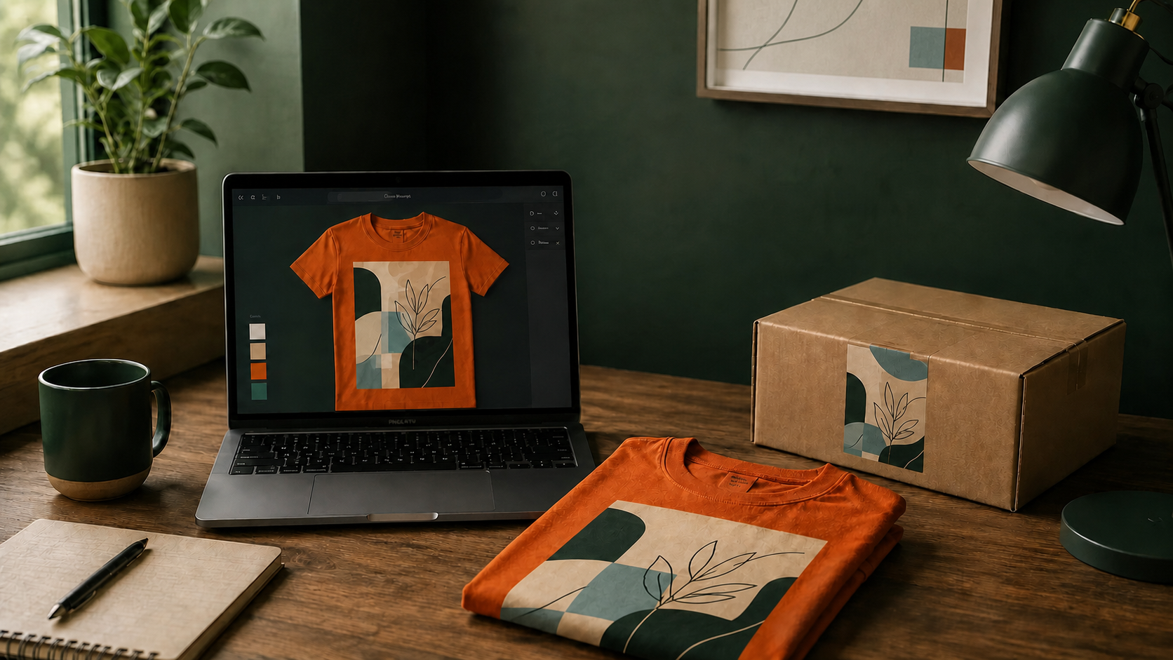 Laptop, printed T-shirt, and shipping box showing a coordinated abstract botanical print-on-demand order flow