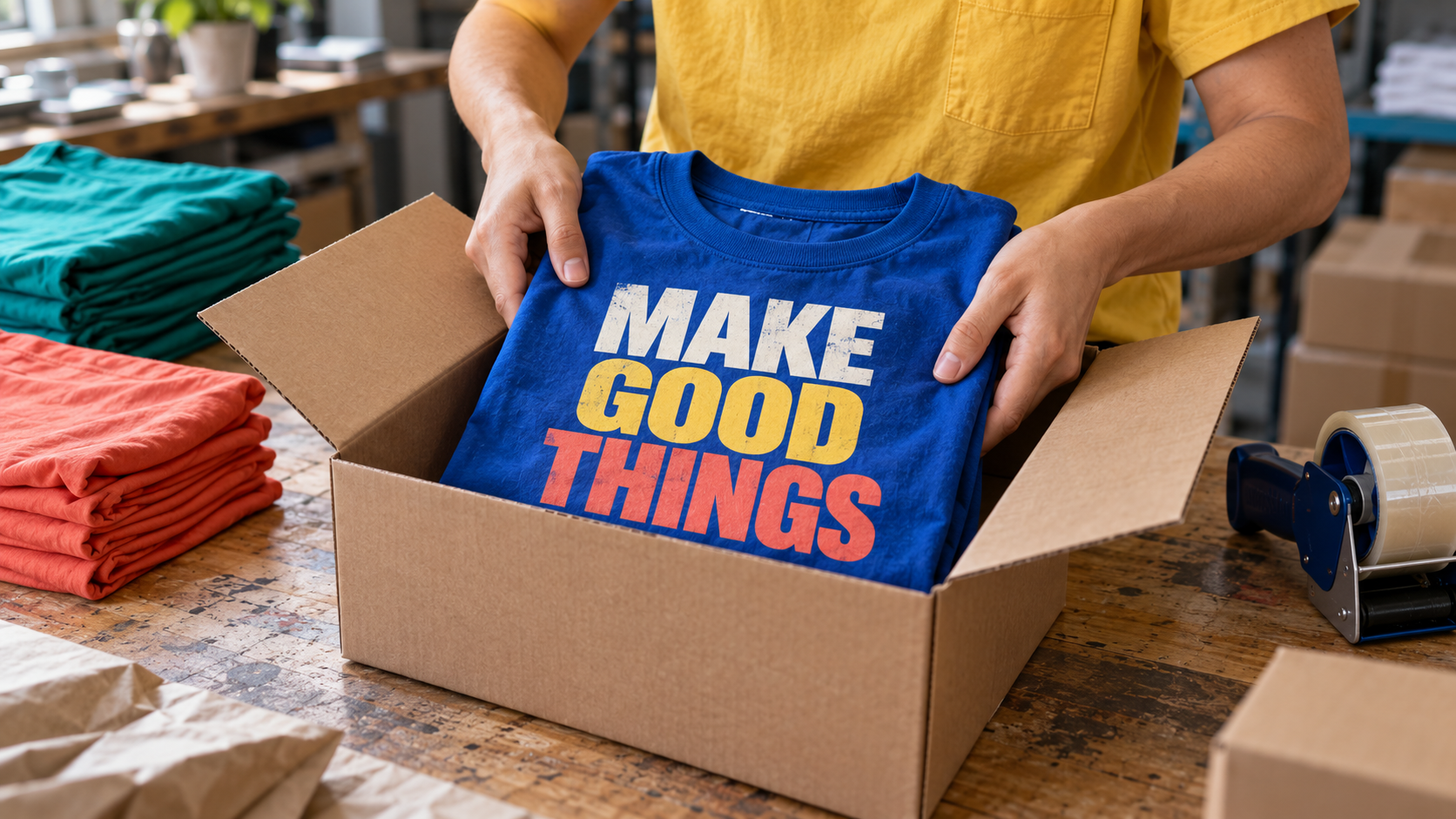 AI-generated photo-style close-up of hands packing a blue T-shirt printed with MAKE GOOD THINGS typography into a cardboard box
